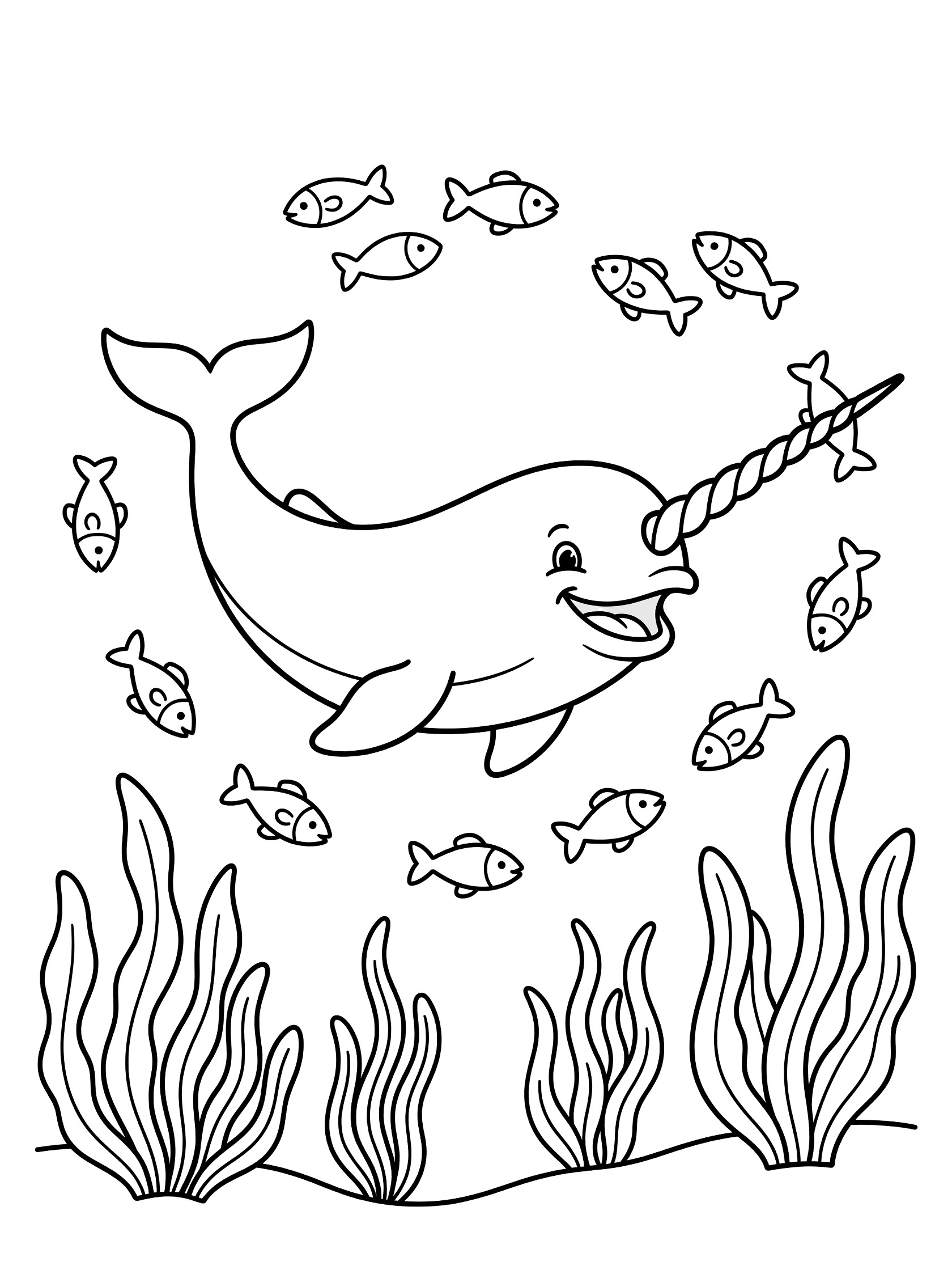 Black and white line drawing of smiling narwhal with curved tusk, surrounded by circling fish and swaying seaweed for kids coloring page.