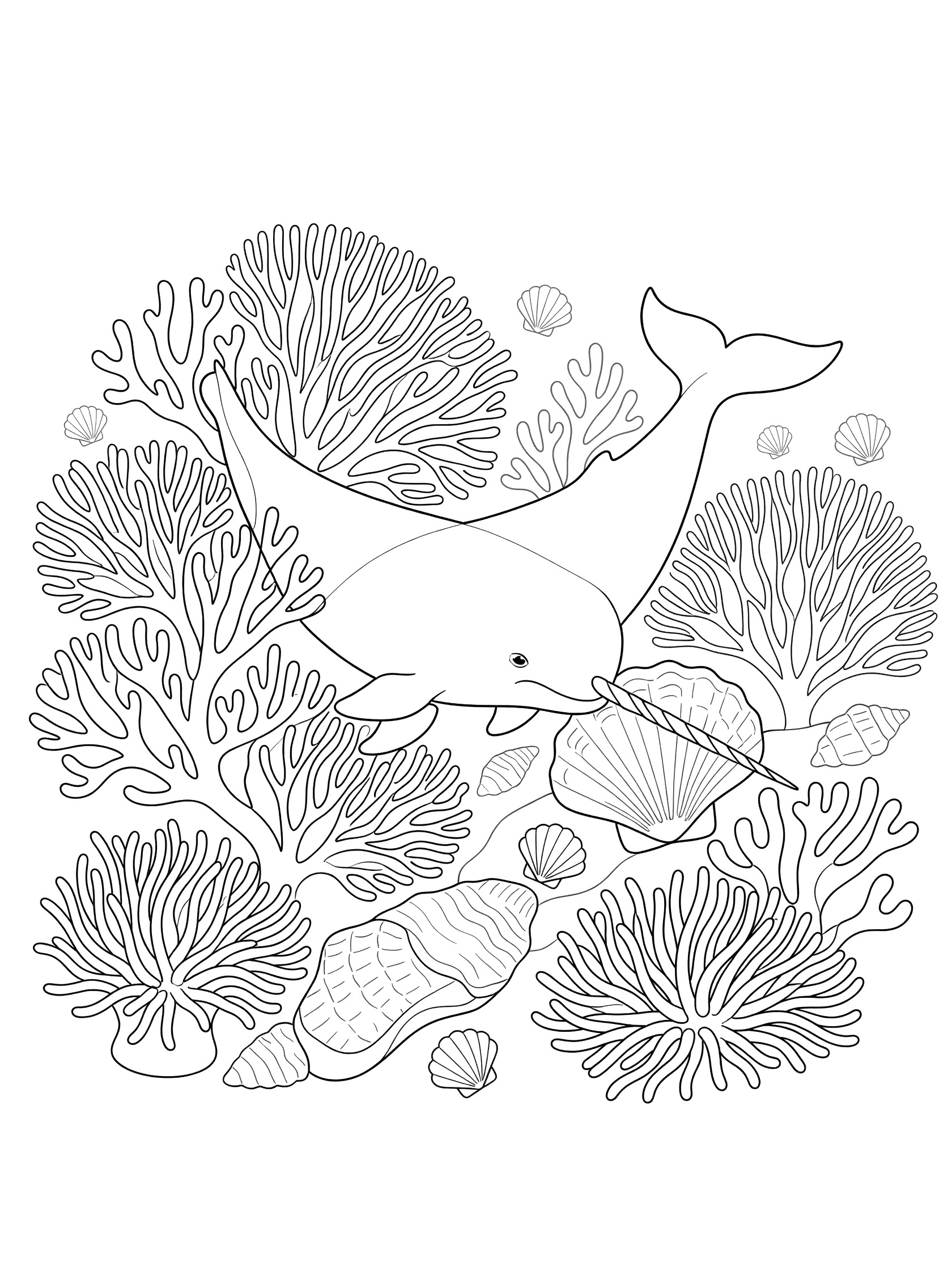 Black and white coloring page of a narwhal swimming among corals and seashells