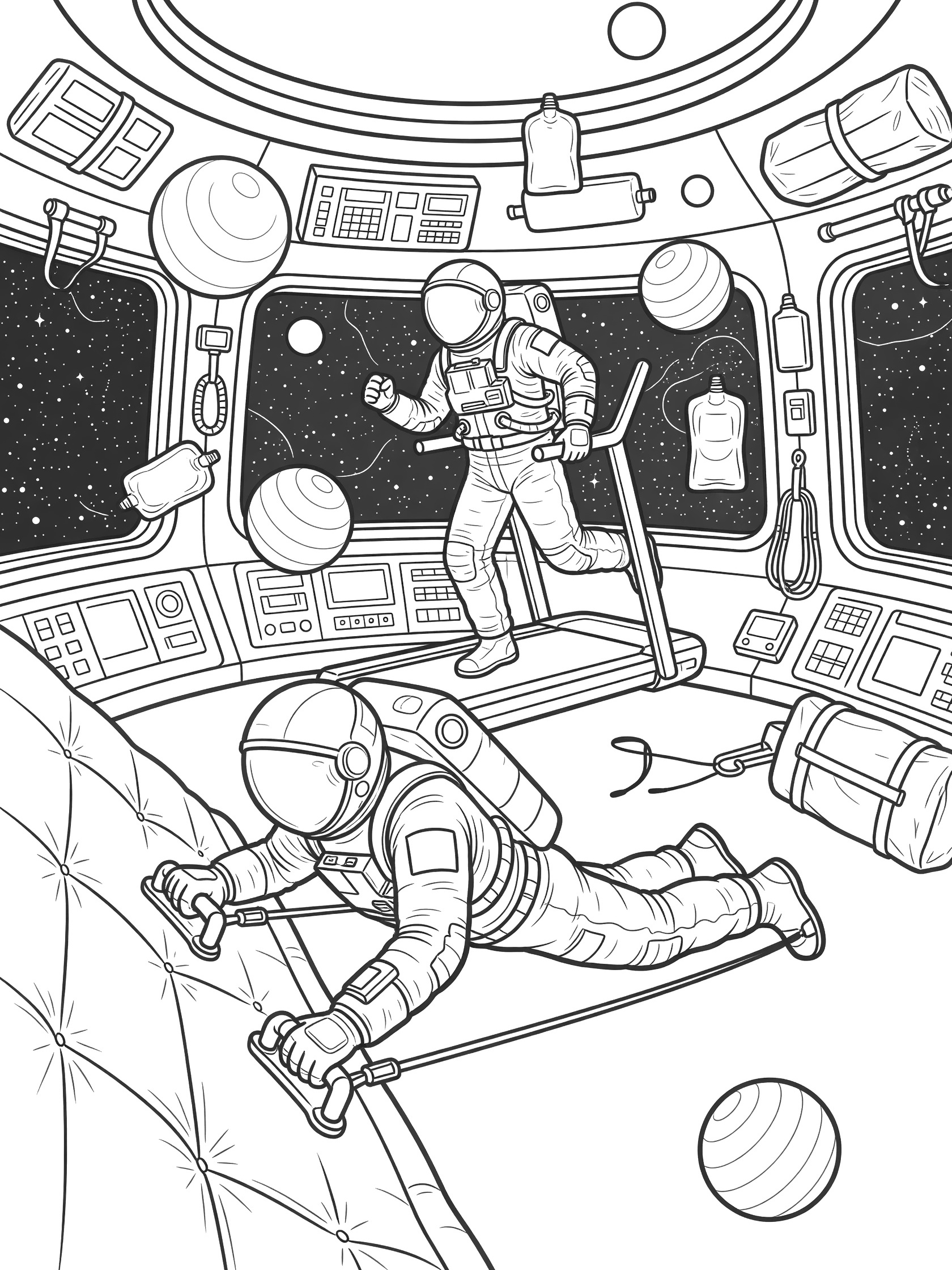 Black-and-white line art coloring page showing two NASA astronauts exercising in a space station: one doing floating push-ups against a wall with resistance bands, another jogging on a treadmill with harness, surrounded by floating balls, water pouches, control panels, and star-filled windows.
