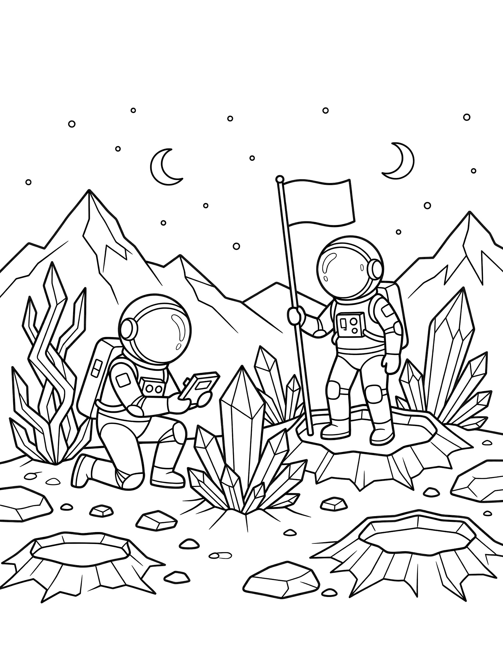 Black and white coloring page of two NASA astronauts in spacesuits on rocky alien planet surface, one scanning crystals and plants, the other planting a flag, with starry sky, moons, and mountains.