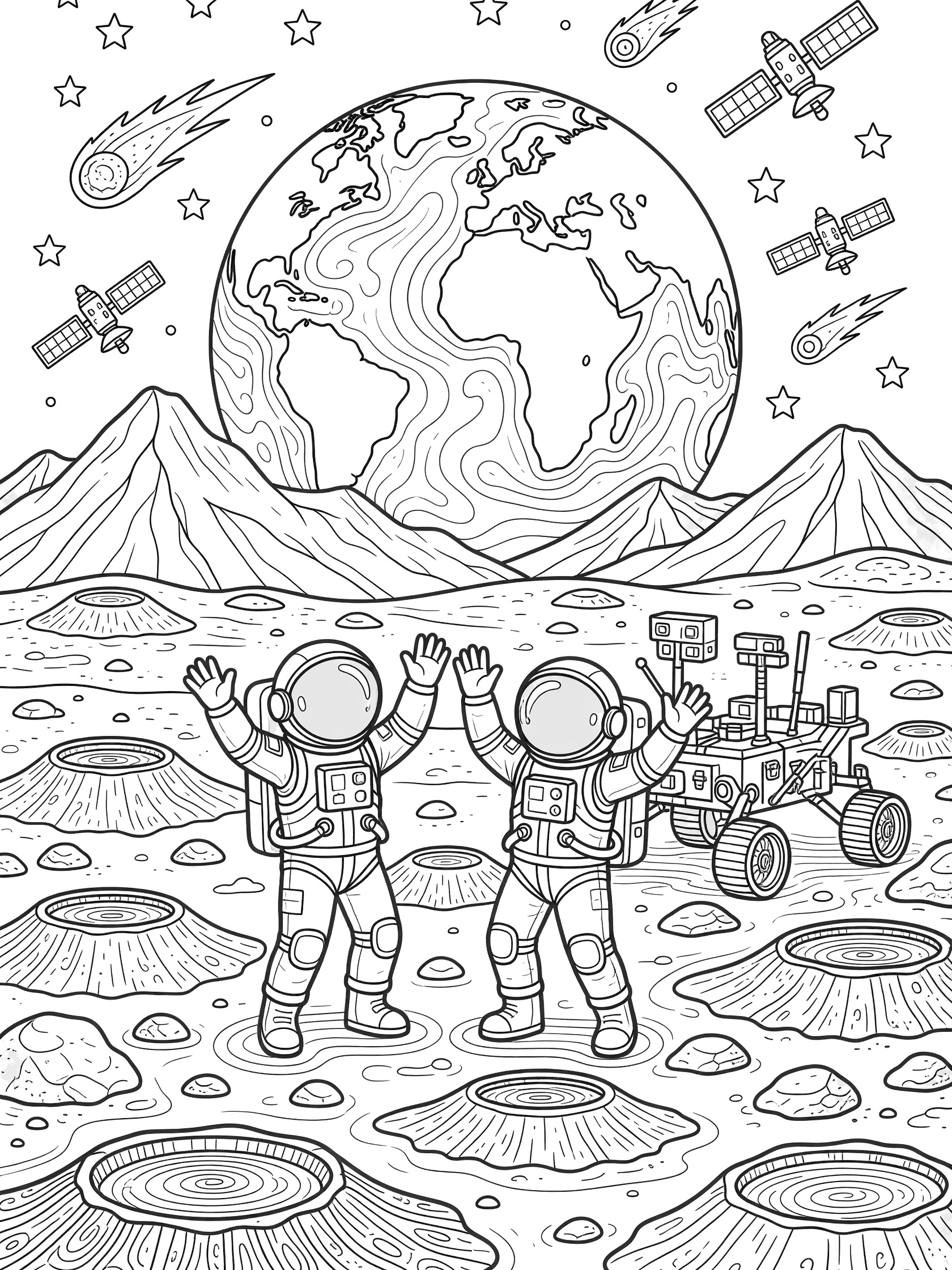 Doodle-style coloring page with two NASA astronauts in spacesuits waving both arms on the moon's surface near a rover, craters, rocks, hills, Earth, stars, satellites, and comets.
