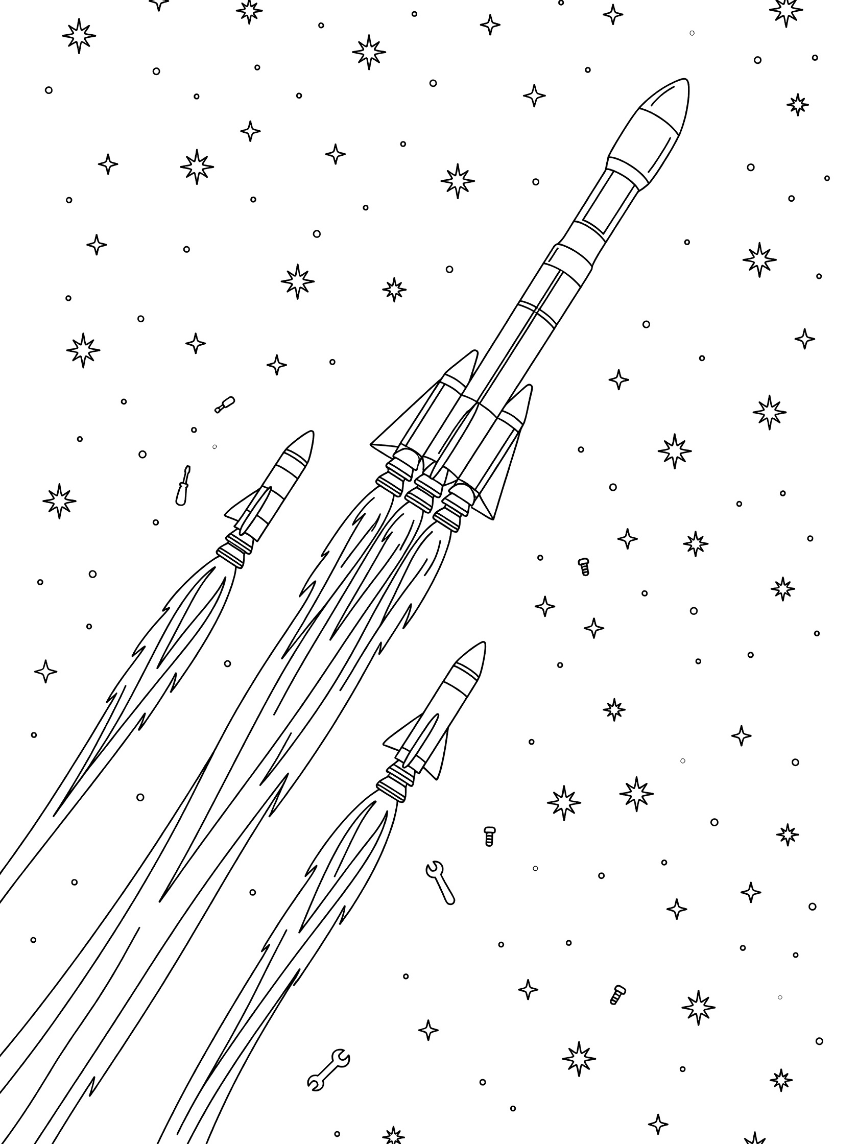 Black and white line art of a NASA multi-stage rocket separating its boosters in starry space, with drifting stages, flames, and zero-gravity debris.