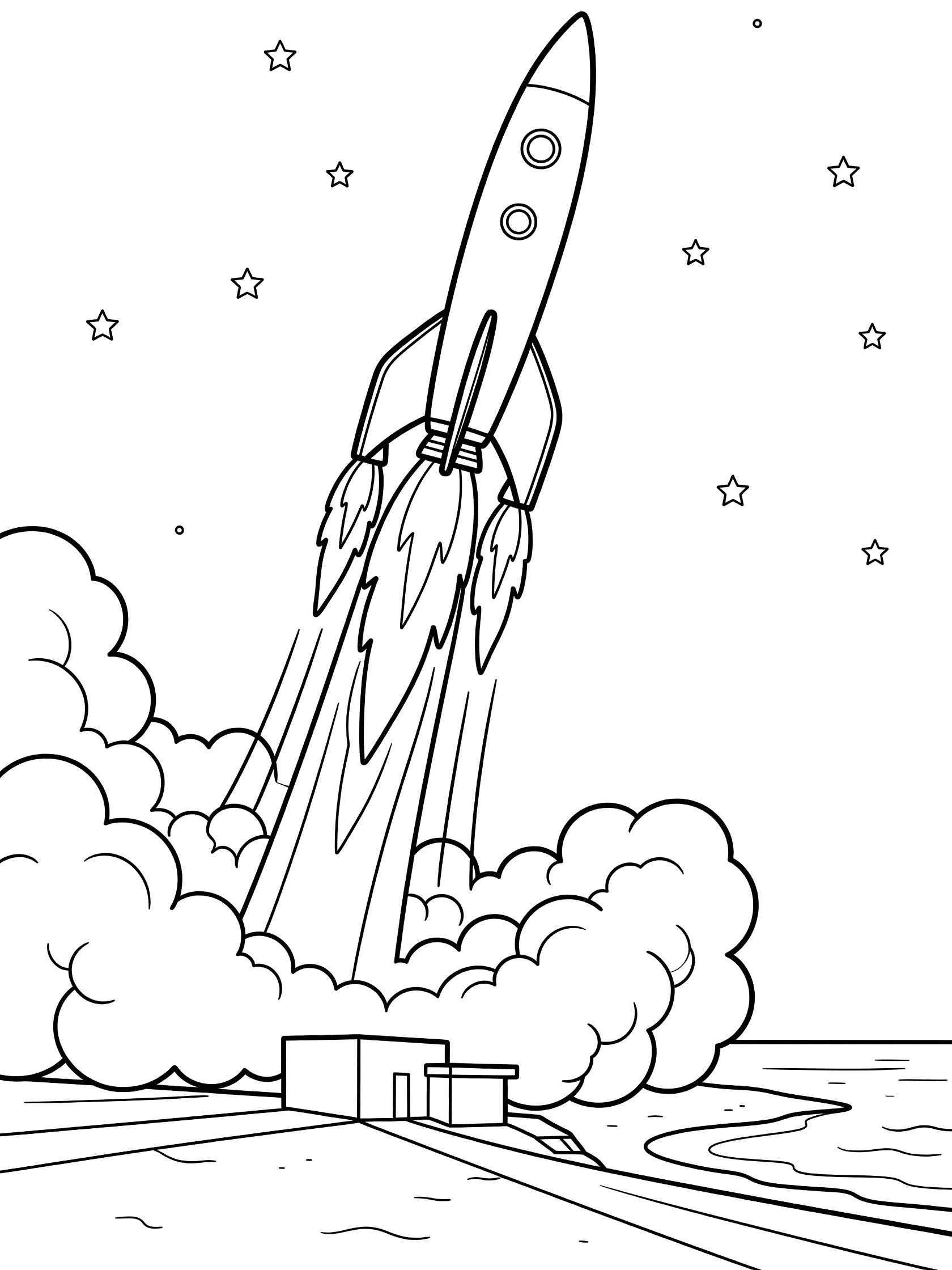 Black and white line art of NASA rocket launching upward from coastal pad with engine flames, smoke clouds, stars, and ocean waves