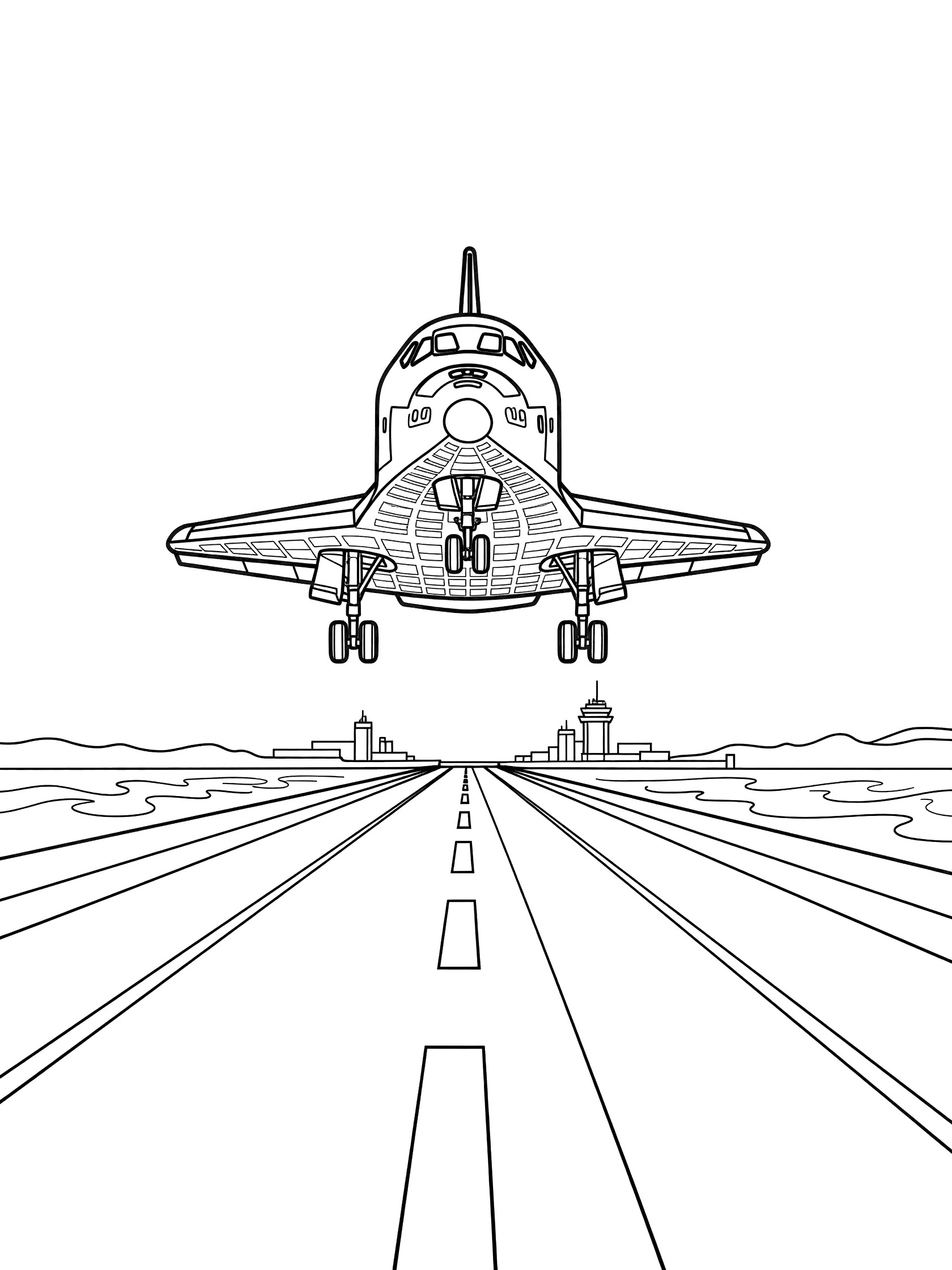 Black and white line art of NASA space shuttle gliding low on runway with wheels down, flaps extended, belly heat tiles, distant towers and waves