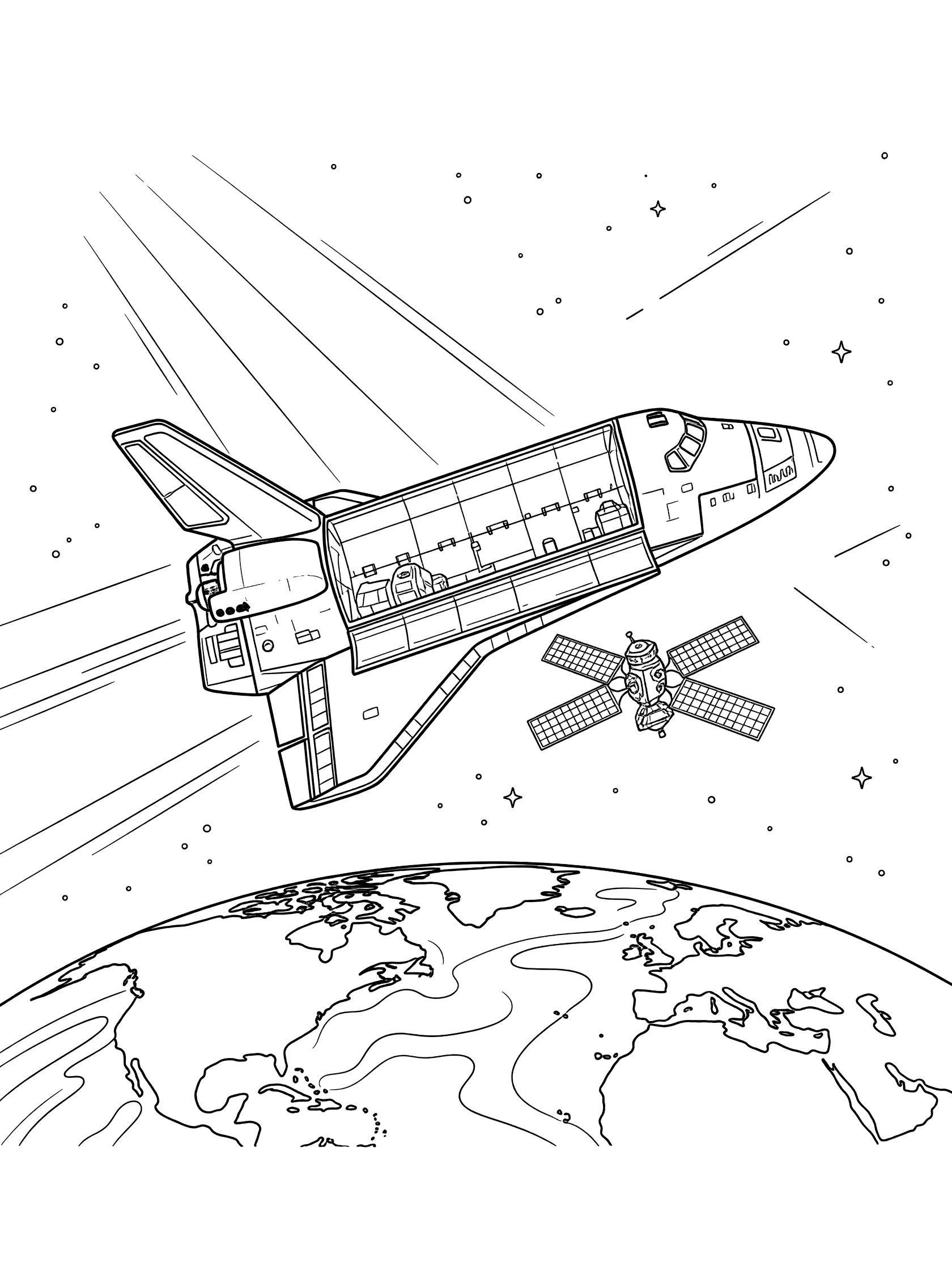 Black-and-white coloring page of a NASA space shuttle in orbit above curved Earth, deploying a satellite with extended solar panels and starry sunlight rays.