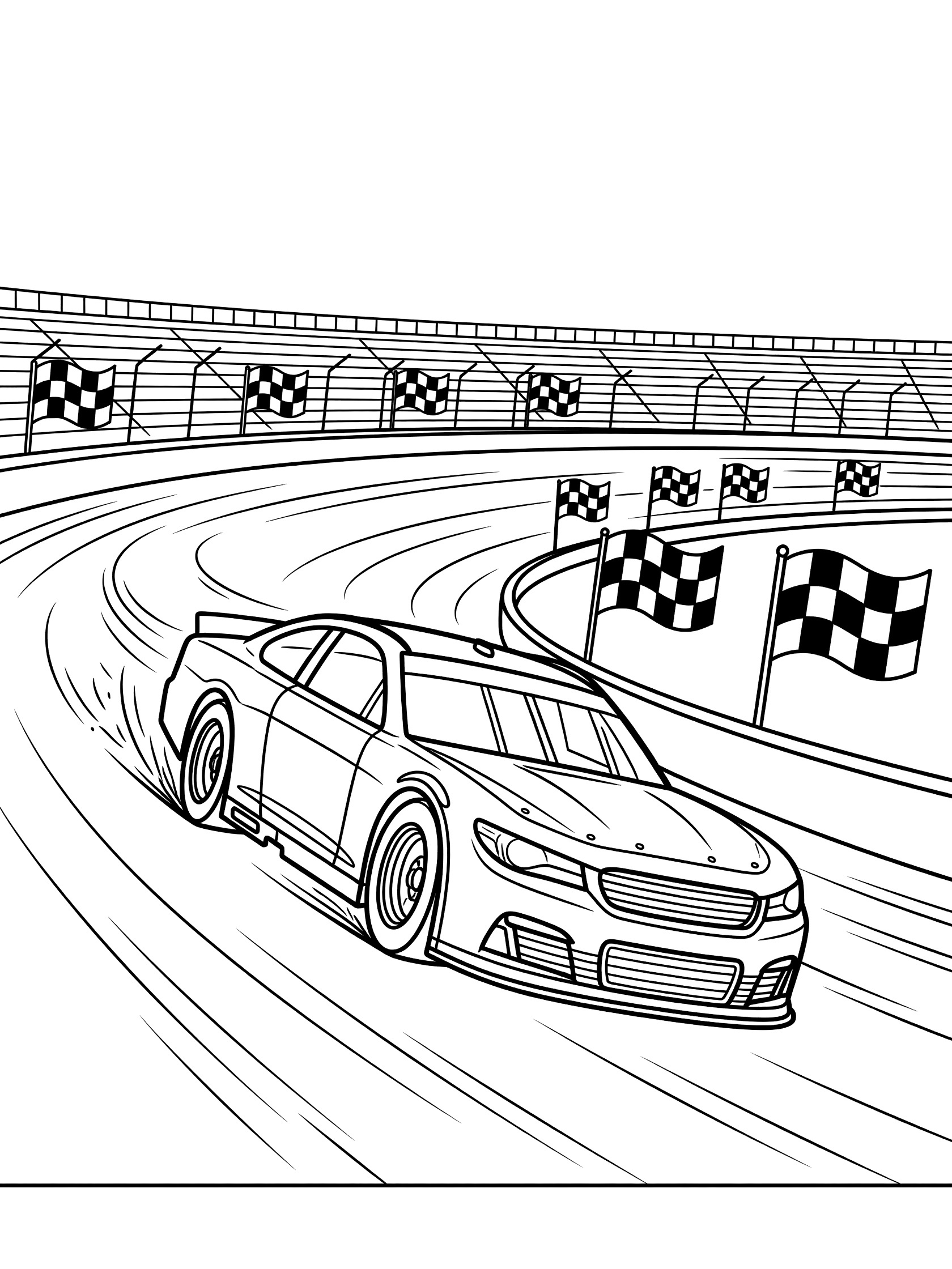 Black-and-white line art of a NASCAR stock car speeding around a banked turn on an oval racetrack with checkered flags and grandstands.