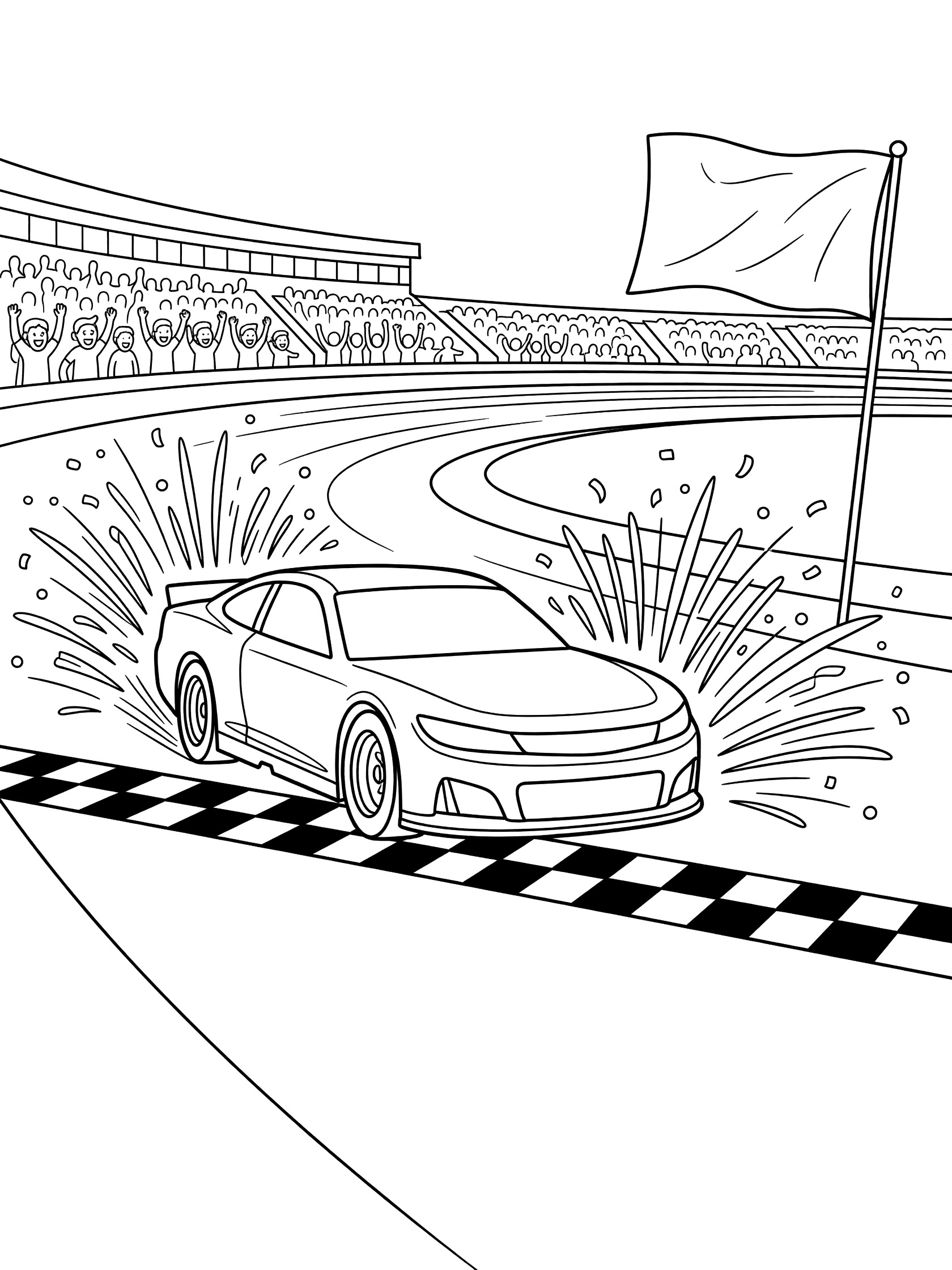Black-and-white line art of a NASCAR race car crossing the checkered finish line with confetti lines, flying flag, and crowd in grandstands on oval track.