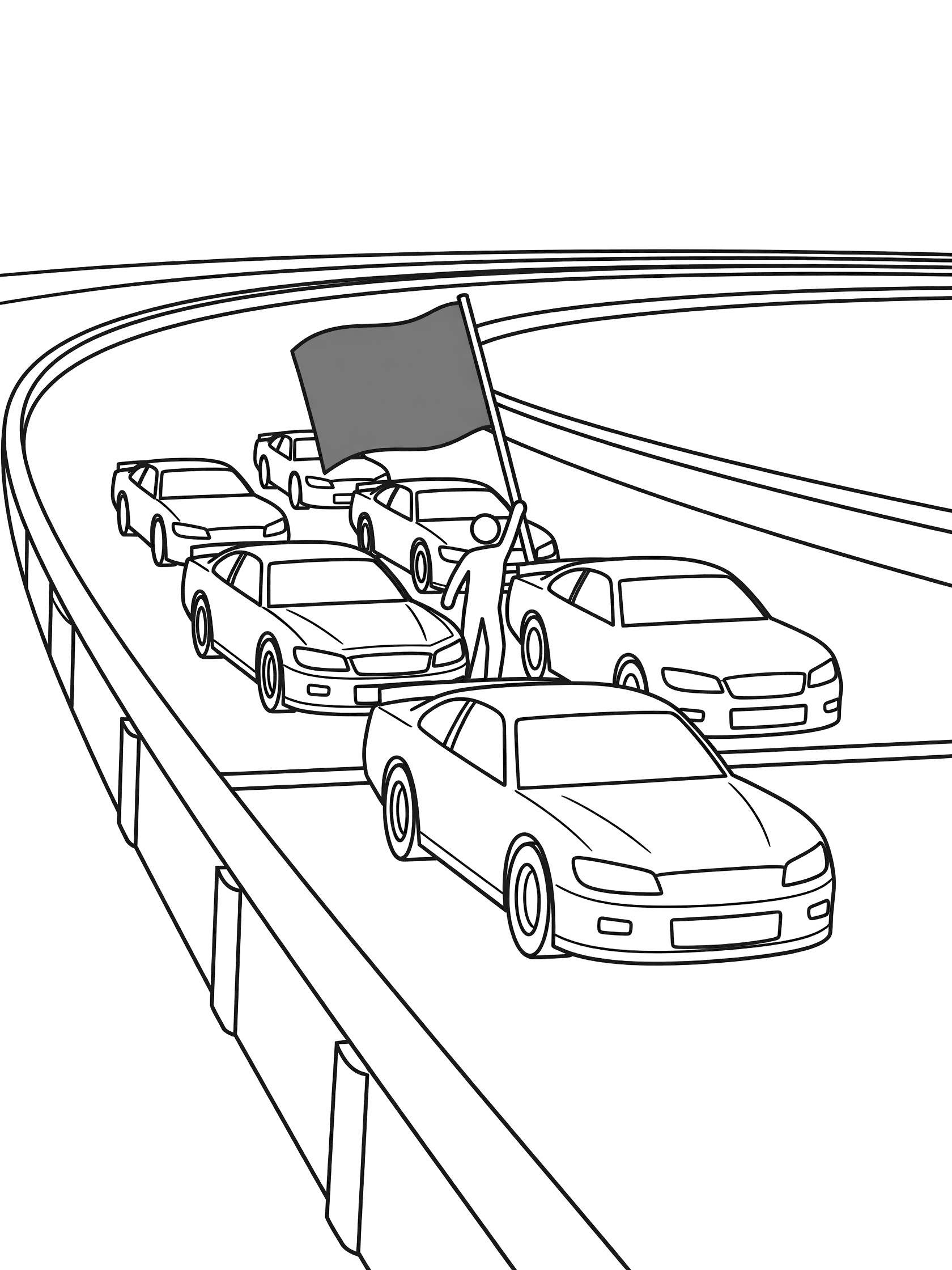 Black-and-white coloring page of NASCAR cars at the starting line with green flag waving, pace car leading, and track barriers.