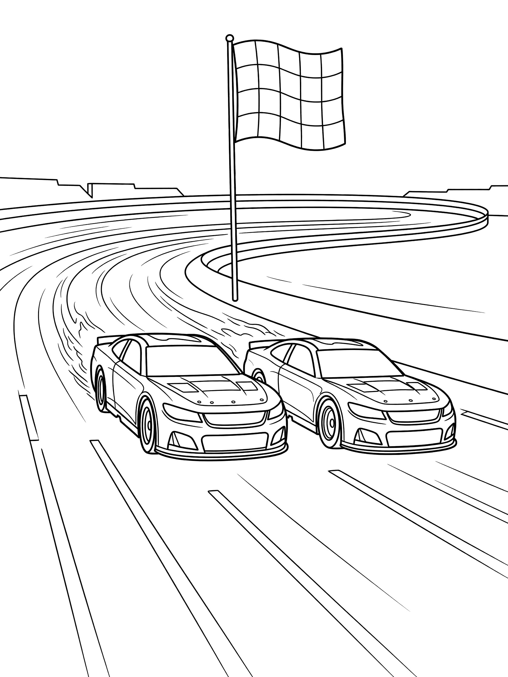 Black-and-white line art of two NASCAR cars drafting closely side by side on an oval track straightaway, checkered flagpole nearby, speed lines and exhaust.