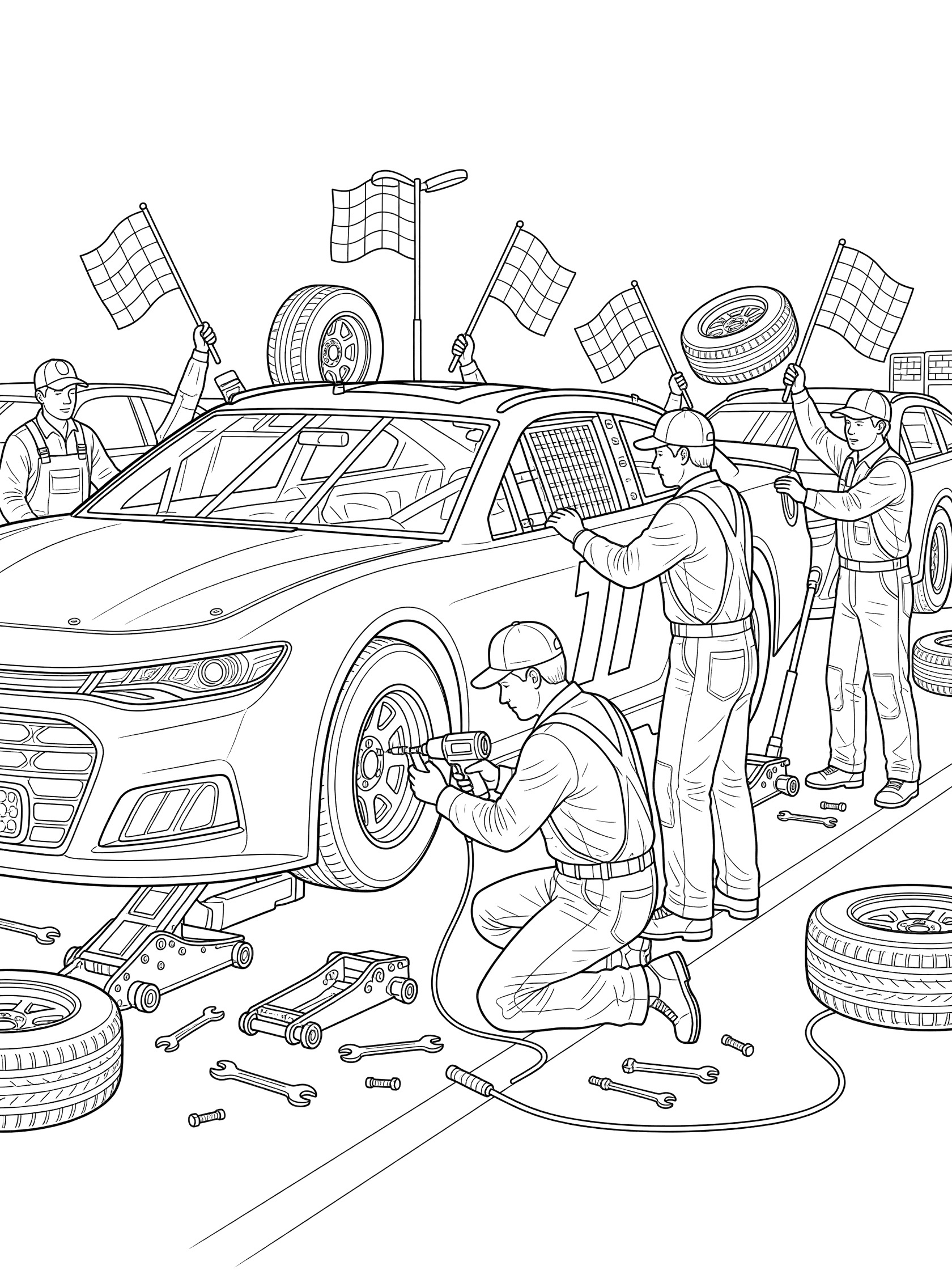 Line art coloring page showing NASCAR pit crew members in uniforms jacking up a stock car with a jack, changing tires with tools, holding wheels and flags.