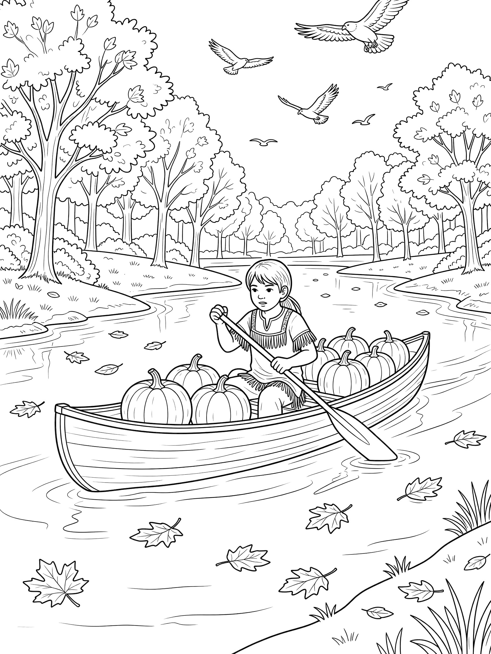Black and white line art of a Native American boy in a canoe with harvested pumpkins, paddling on a river with fall trees and flying birds.