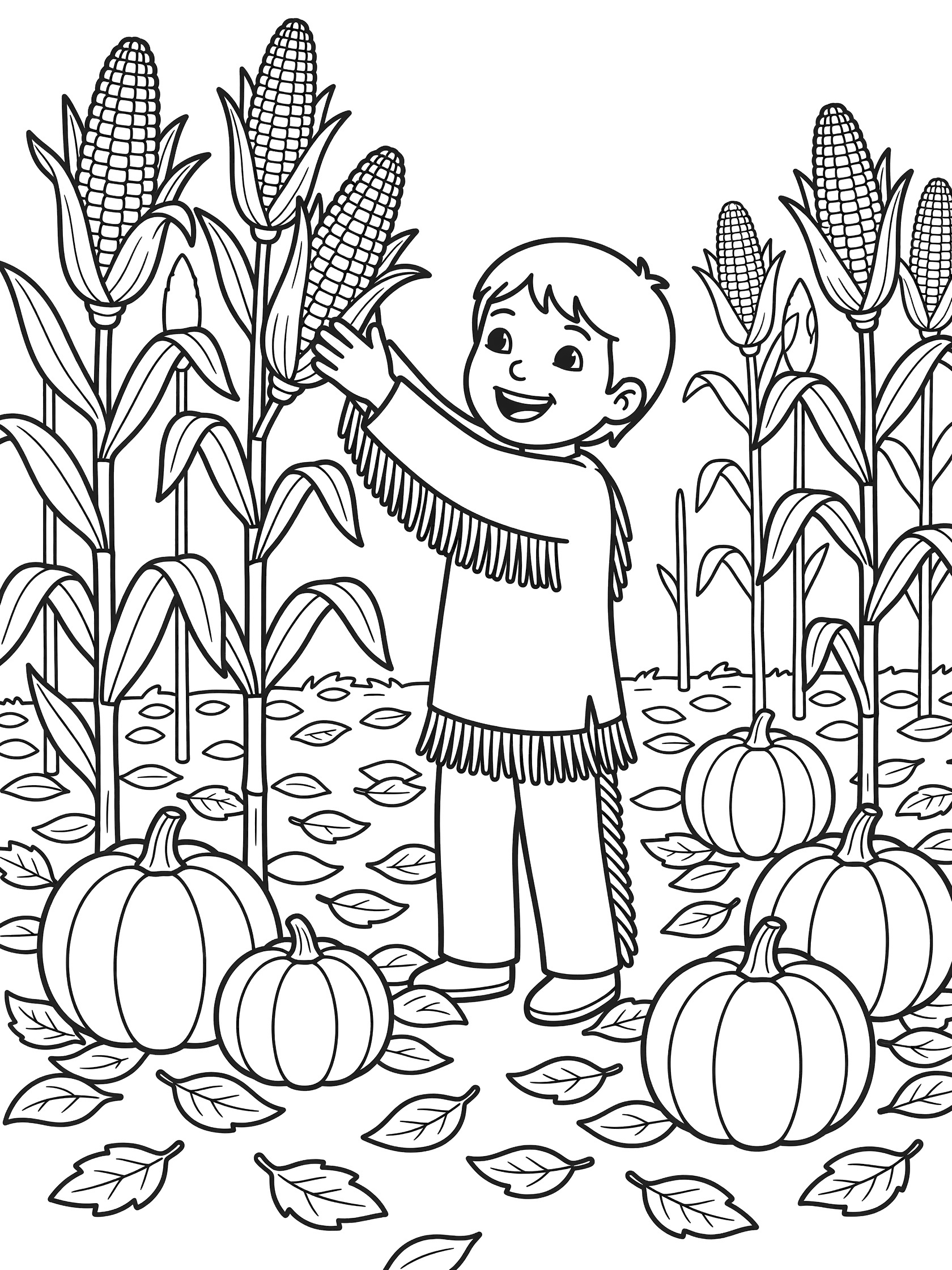 Black-and-white line art coloring page showing a happy Native American boy picking corn from green stalks in an autumn field with pumpkins, squash, and scattered leaves.
