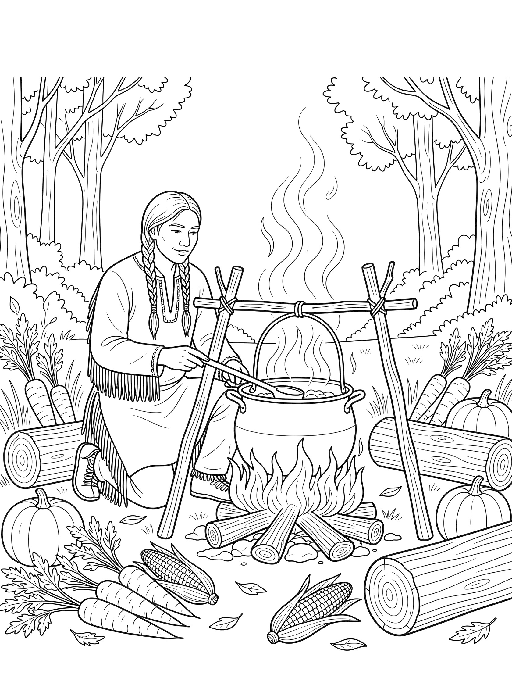 Black and white line art coloring page showing a Native American adult woman with braids stirring a large pot of stew over a campfire in a forest clearing with logs, carrots, corn, and pumpkins.