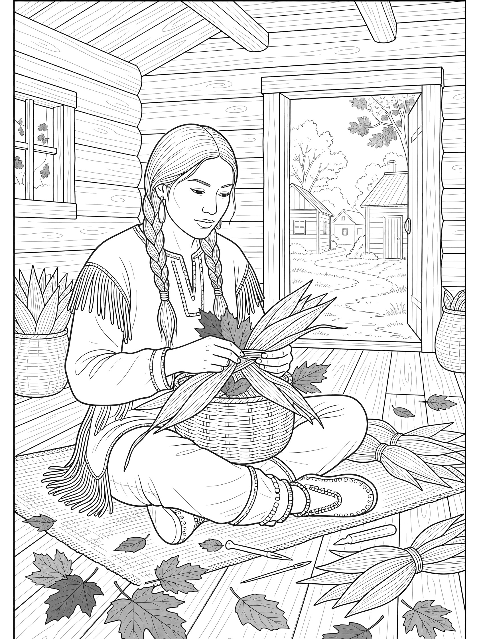 Black and white line art of Native American woman with braids in fringed dress, cross-legged weaving corn husk basket in wooden hut with autumn leaves scattered around.