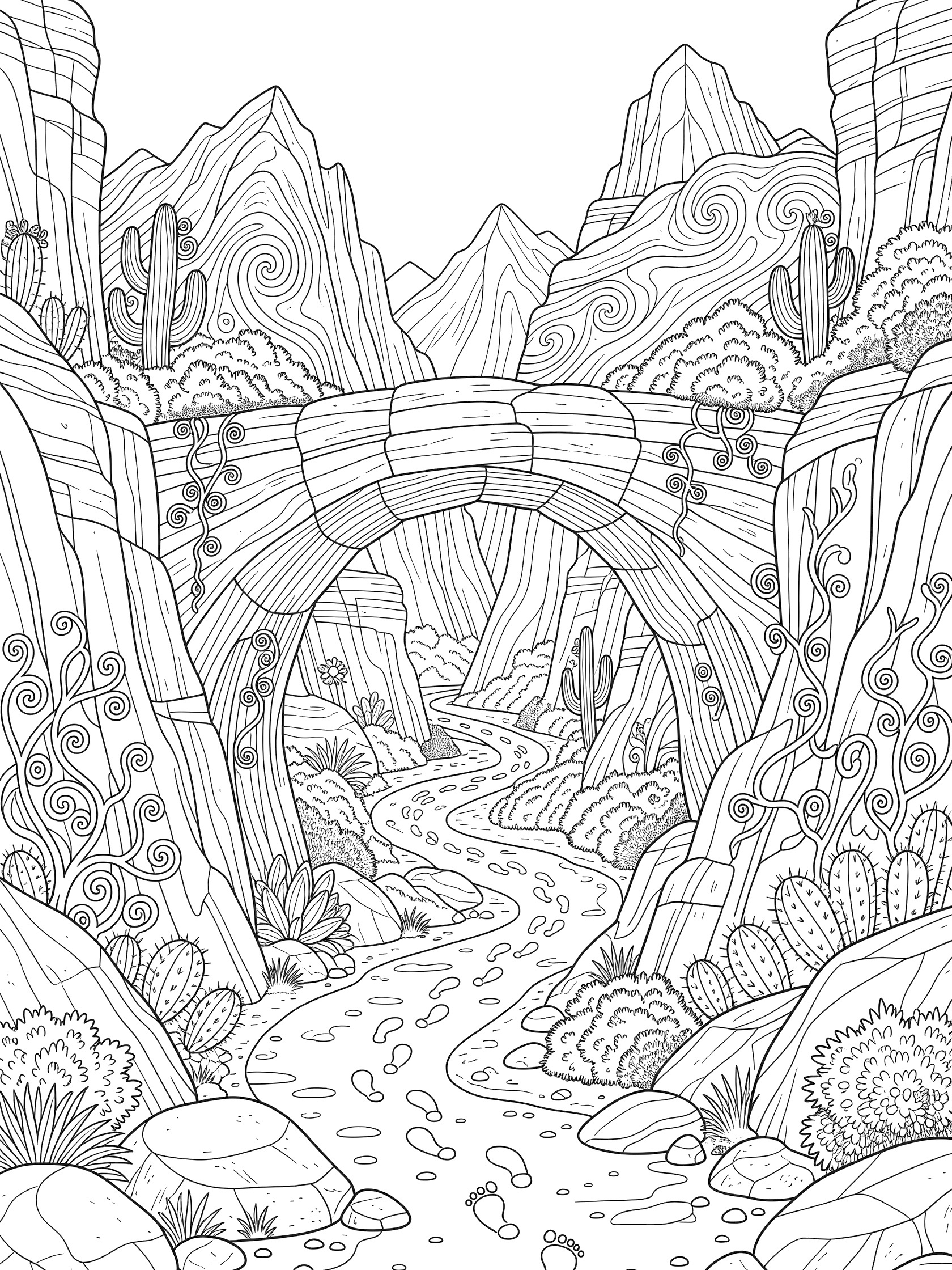 Line art coloring page showing a massive natural bridge arching over a winding canyon path with spiky cacti, layered rock walls, bushes, boulders, pebbles, footprints, and distant peaks.