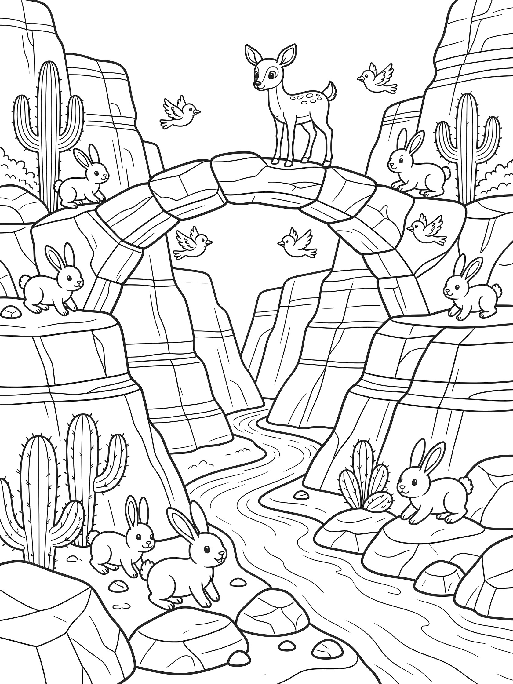 Cute cartoon coloring page showing a natural bridge arching over a deep canyon with layered red rock walls a stream below deer on the bridge rabbits near cacti and birds in the sky.