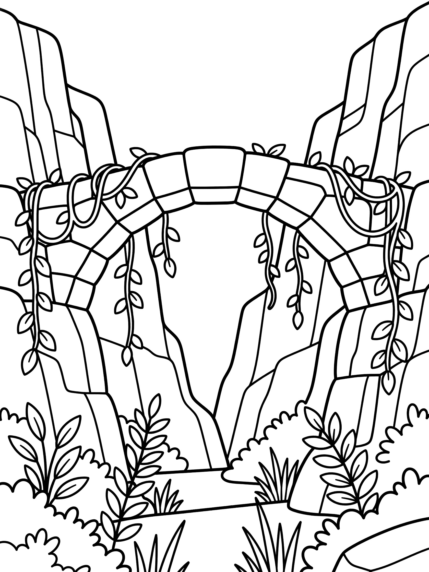 Black and white line art coloring page of a symmetrical natural stone bridge with vines draping from the arch over a canyon and simple plants growing below. Natural Bridge themed black and white printable line art