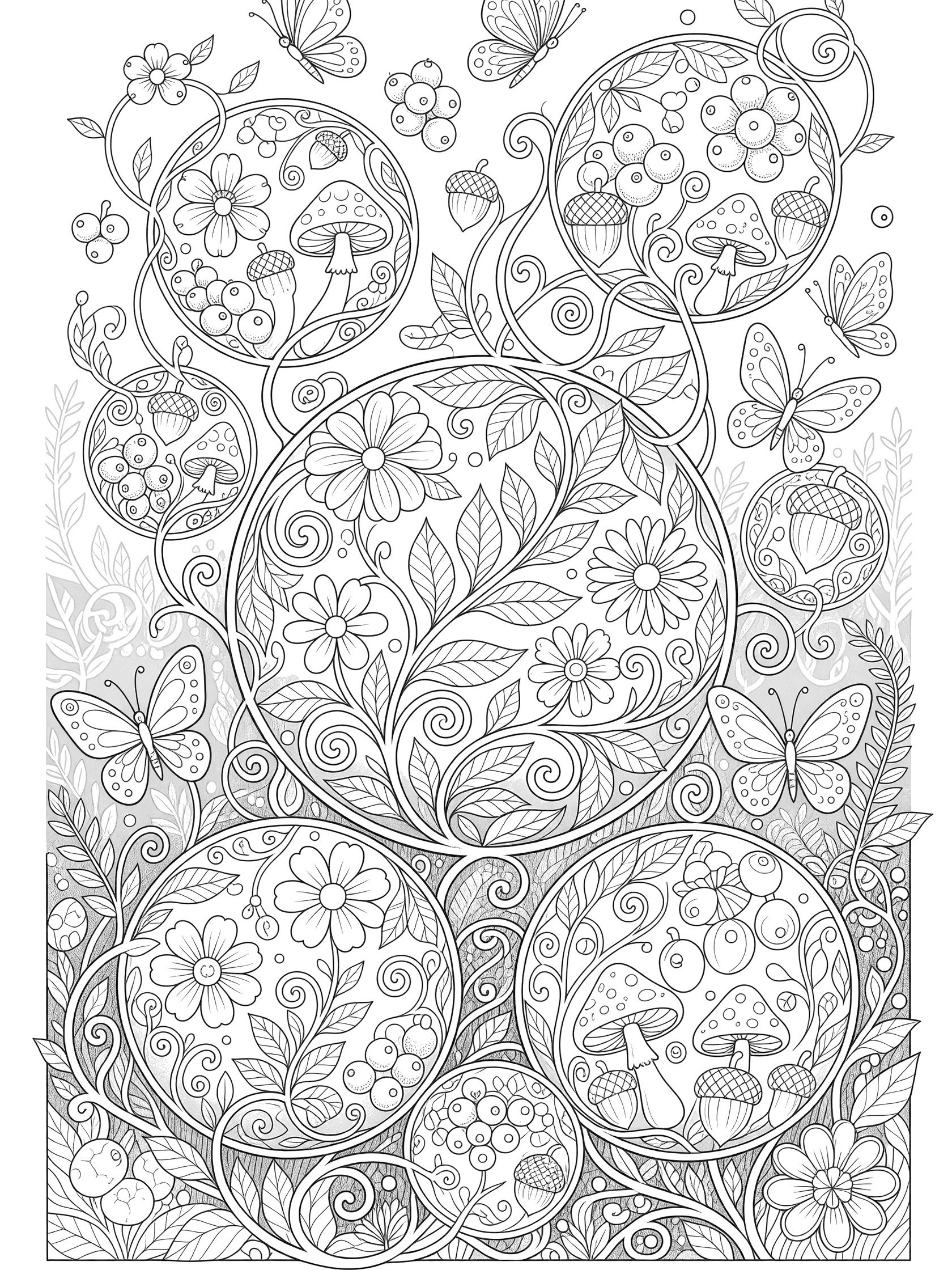 Detailed zentangle coloring page featuring a cluster of nature orbs with intricate patterns of vines, flowers, leaves, berries, mushrooms, acorns and butterflies floating in an enchanted glade.