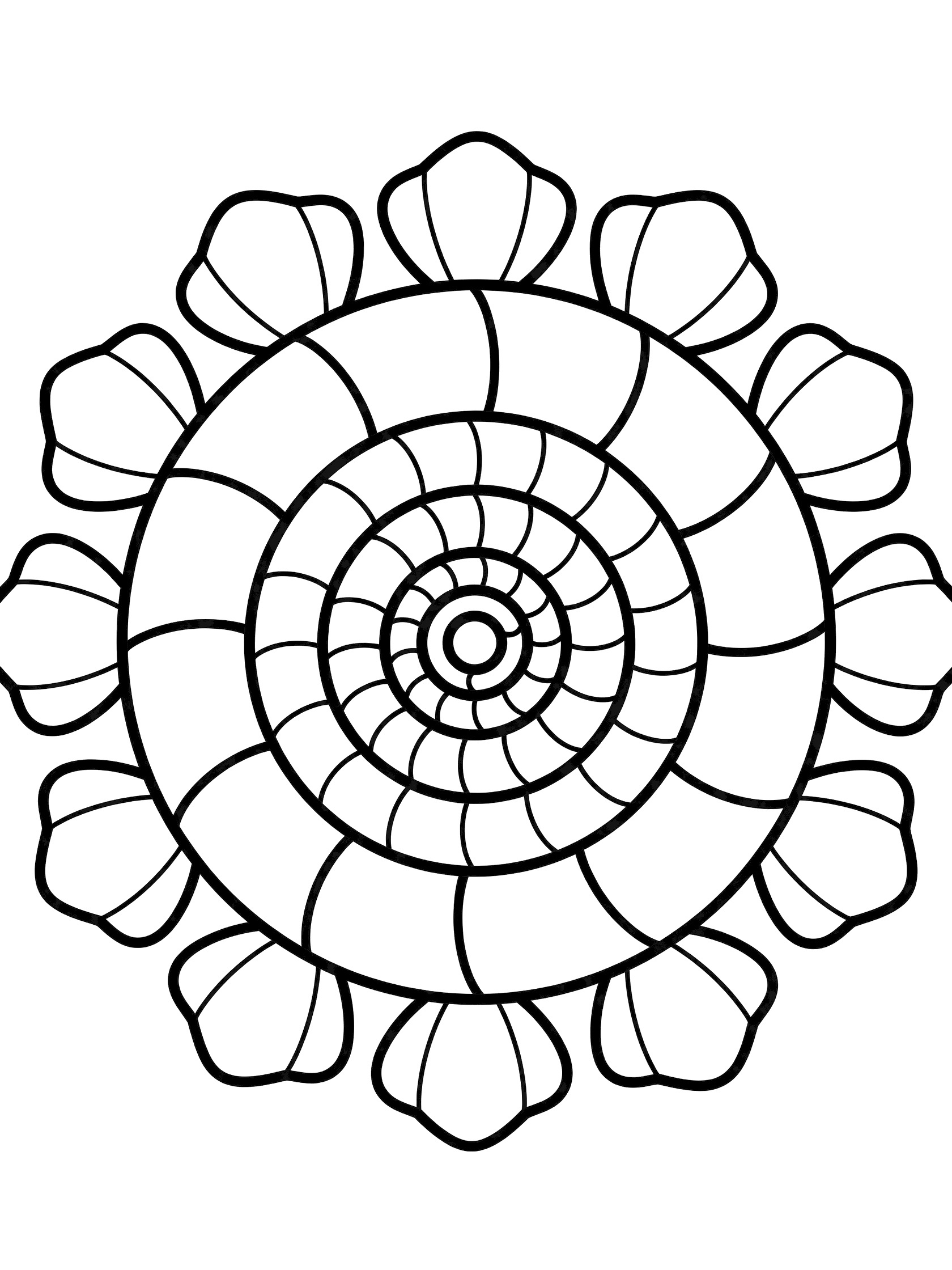 Black and white line art of a circular mandala with central spiral nautilus shell and surrounding curved petal shapes, coloring book style. Seashell themed black and white printable line art