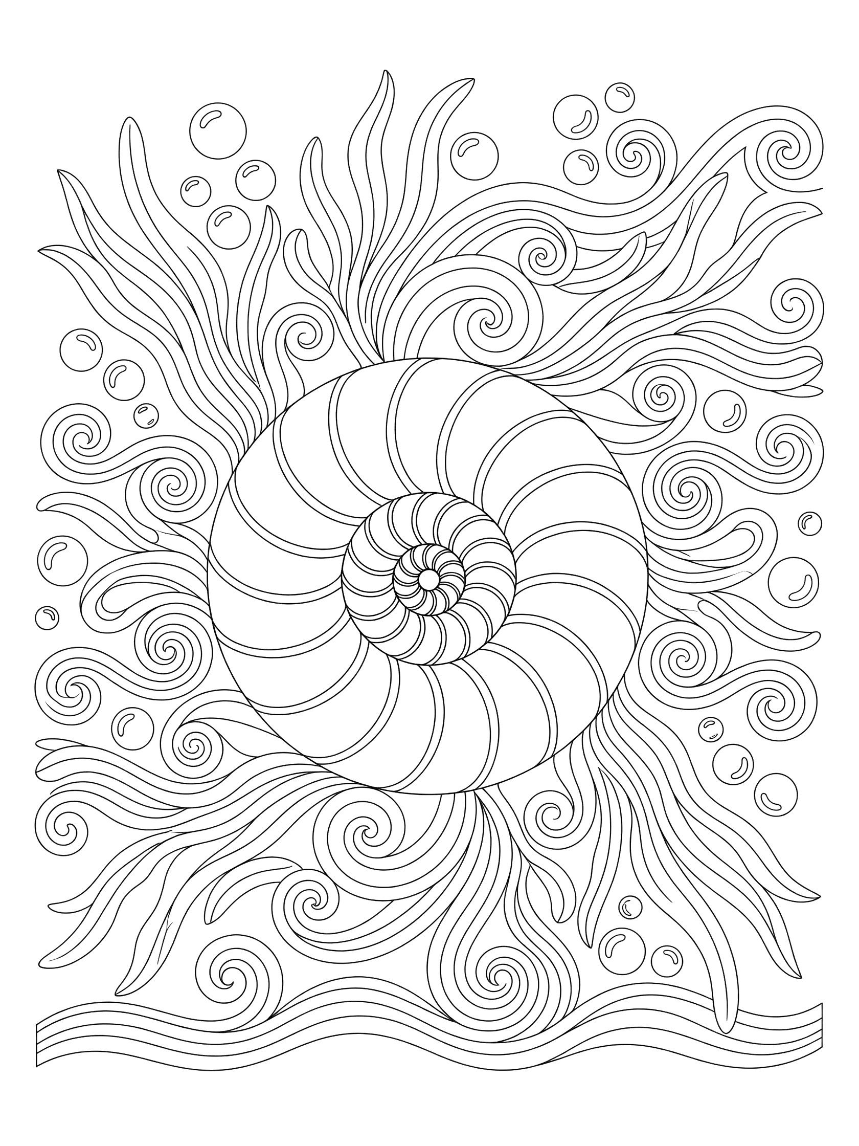 Simple line art coloring page of a central nautilus spiral shell surrounded by curving seaweed strands, bubbles, and wave swirls in a symmetrical underwater mandala design.