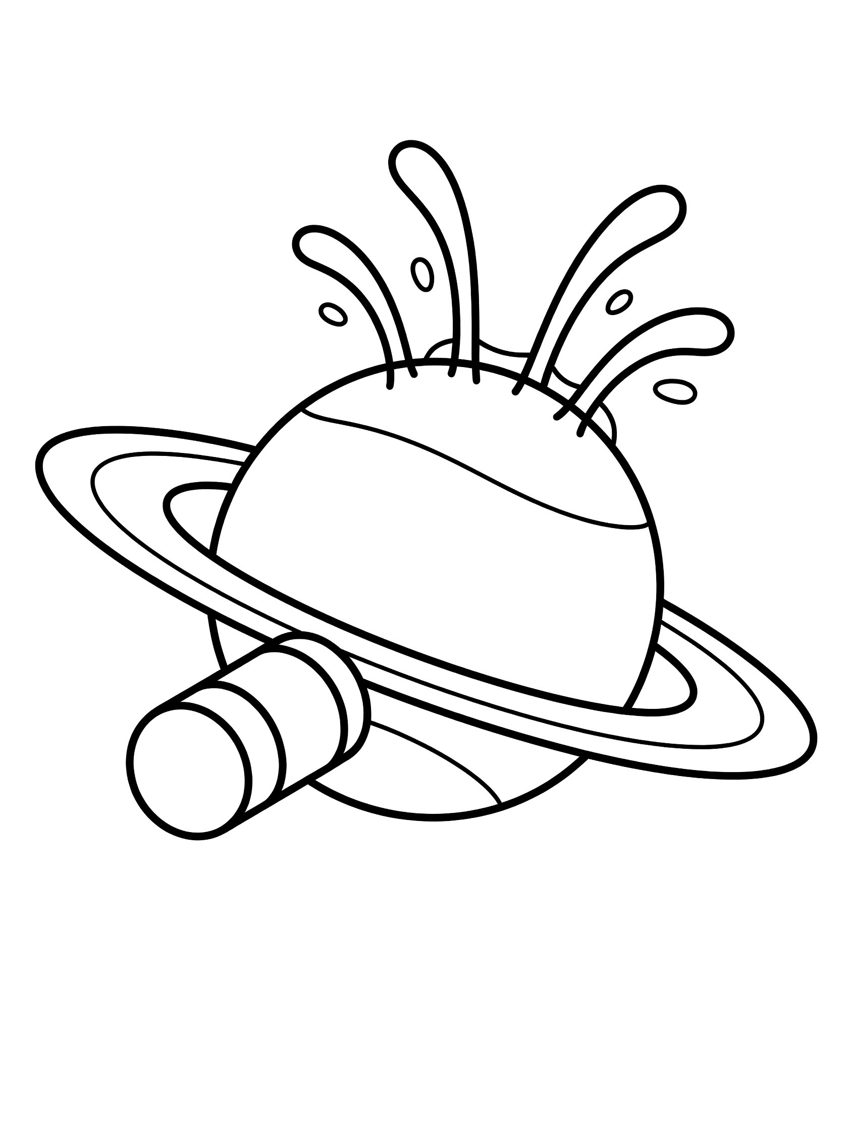 Line art coloring page showing Neptune planet with rings, icy geysers erupting, and a space probe in outer space