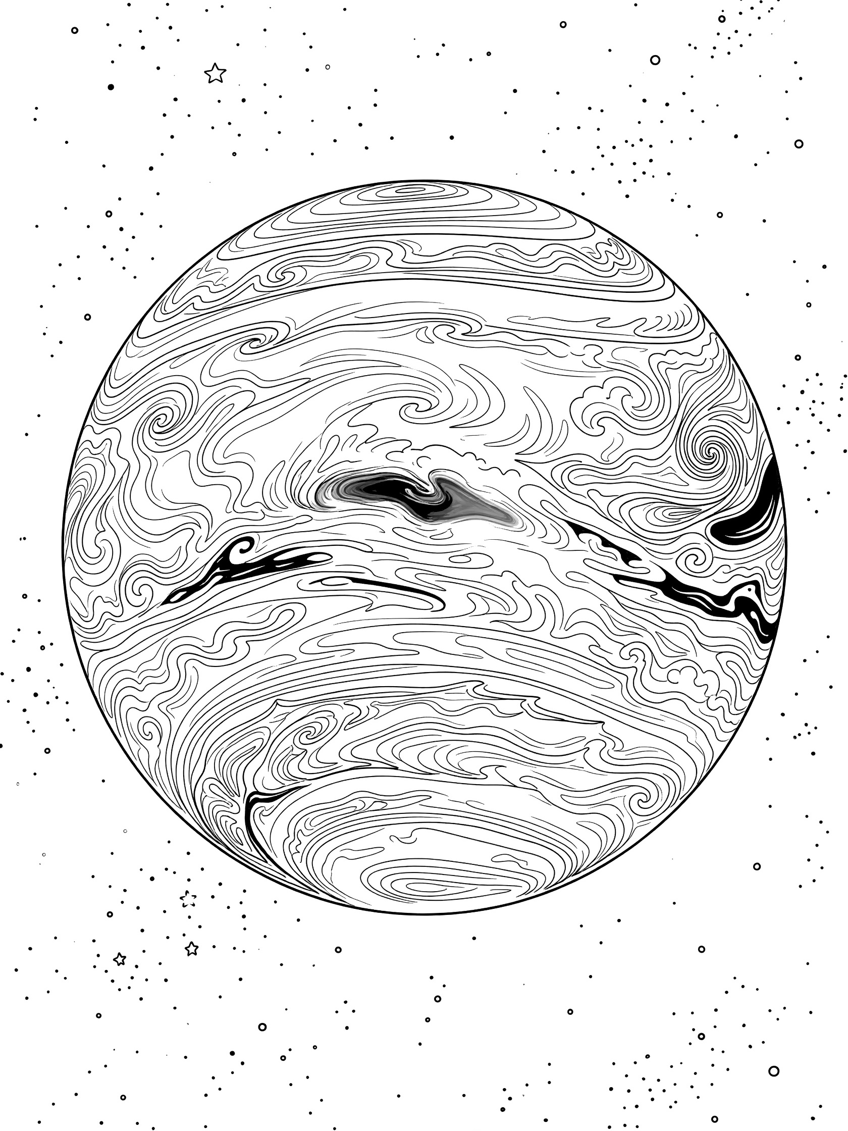 Printable coloring page of Neptune planet featuring a large swirling Great Dark Spot storm in its atmosphere, detailed cloud lines, and stars in the galaxy background.