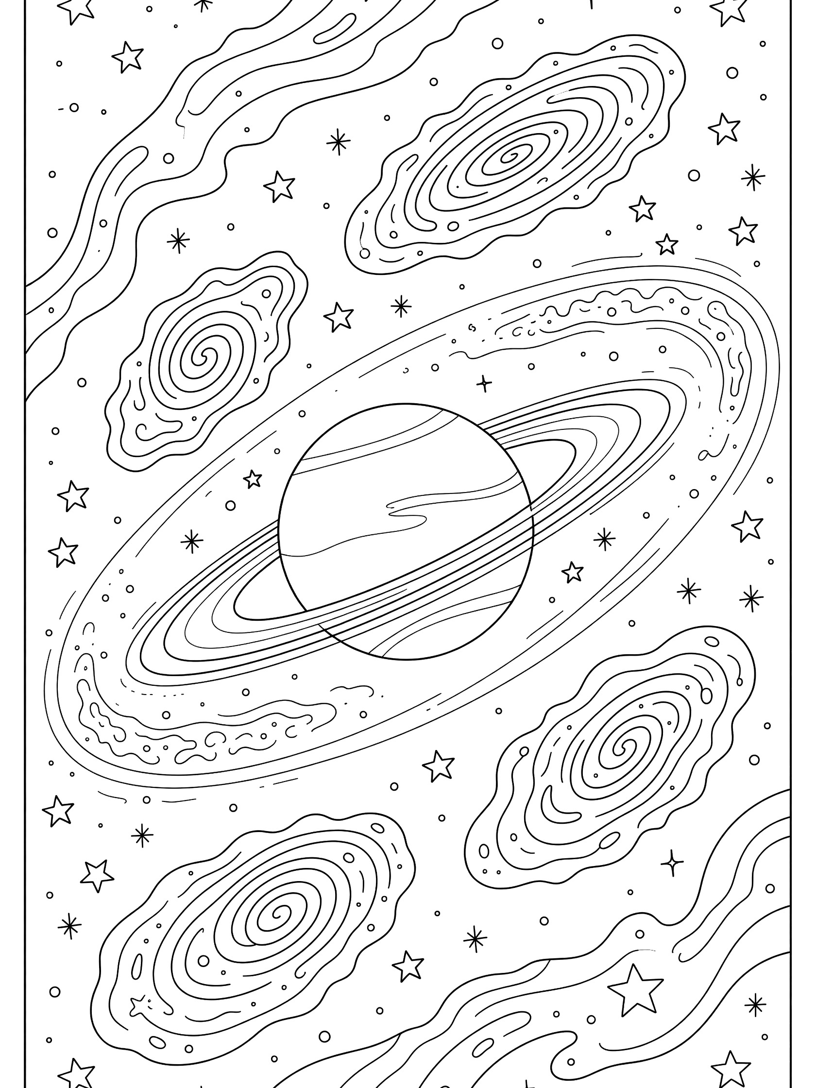 Whimsical doodle line art of Neptune planet with thin rings in a starry galaxy with swirling nebulae, perfect for kids coloring.