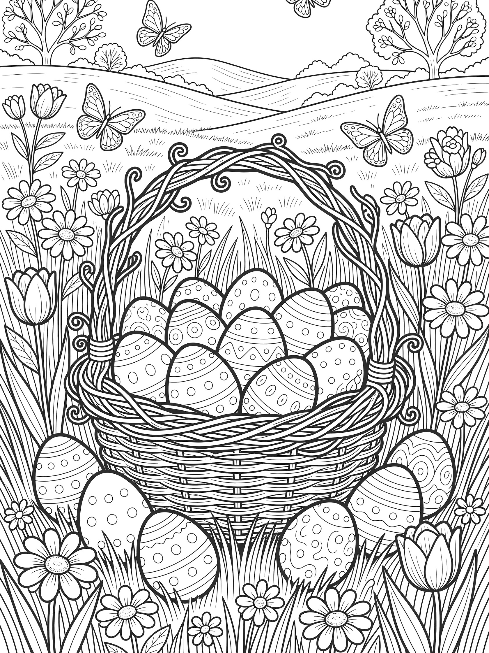 Detailed black and white line art of an Easter basket woven like a nest, overflowing with Easter eggs in a meadow with flowers, grass, butterflies, hills, and trees.