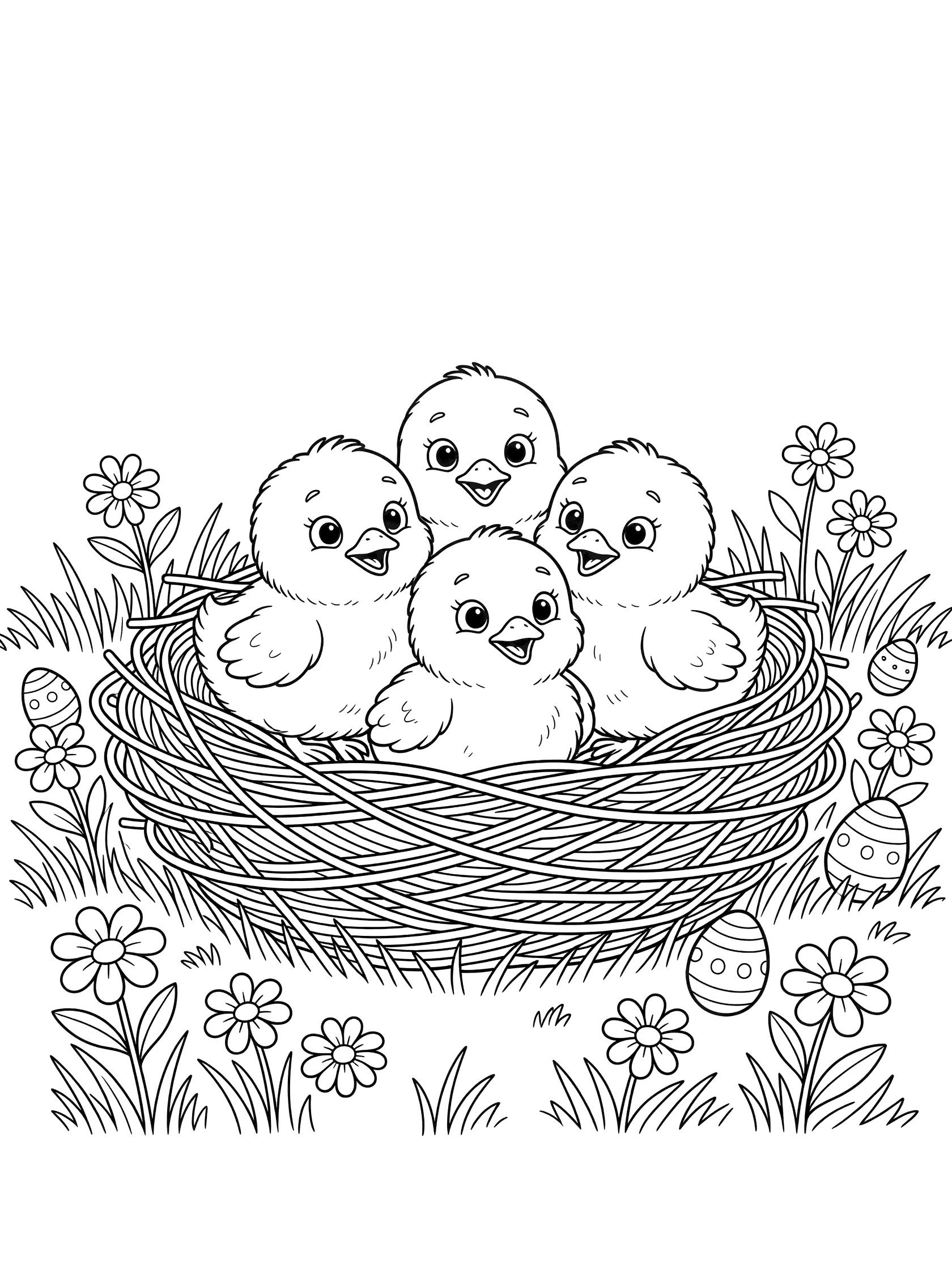 Black and white line art coloring page showing five adorable fluffy chicks in a nest with Easter eggs, grass, and daisies