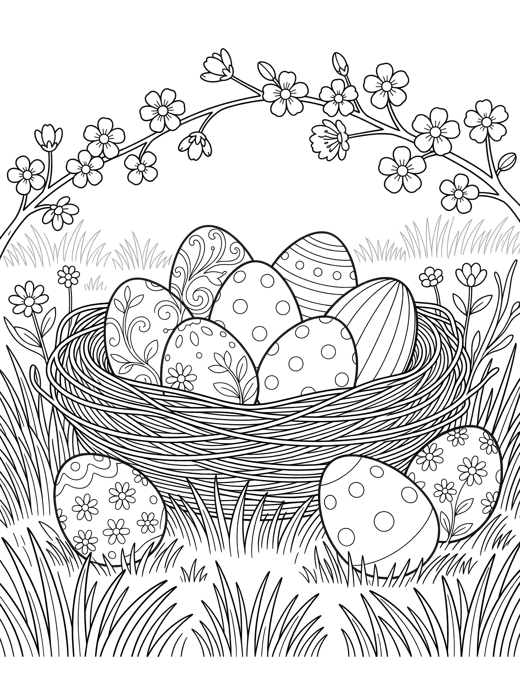 Black and white line art of a bird's nest full of decorative Easter eggs with polka dots, stripes, swirls, and floral designs, surrounded by spring grass and blooming branches.
