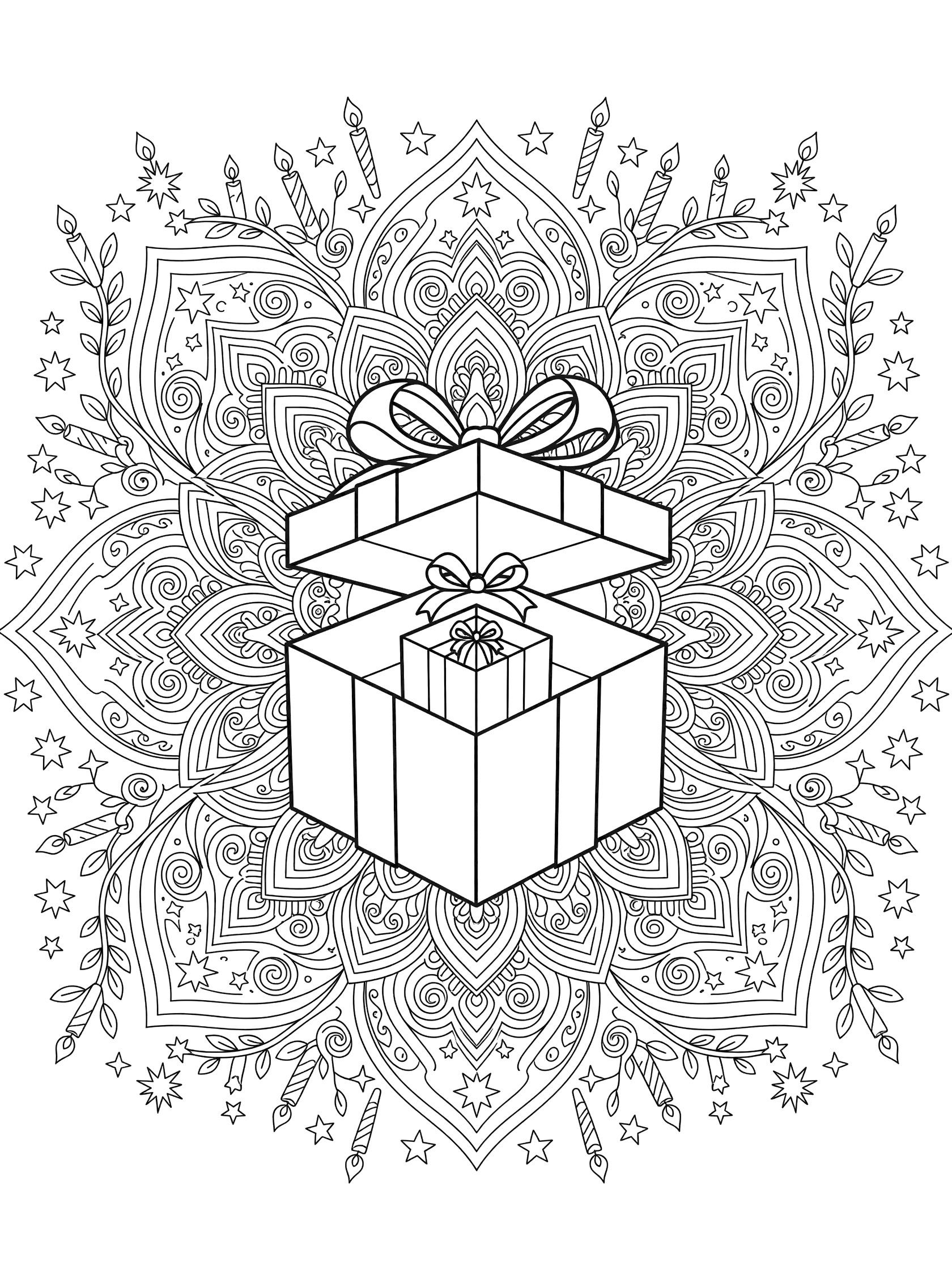 Black and white line art coloring page of nested birthday presents with a large central box lid open showing smaller gifts inside, ribbons, stars, birthday candles on vines, and symmetrical patterns.