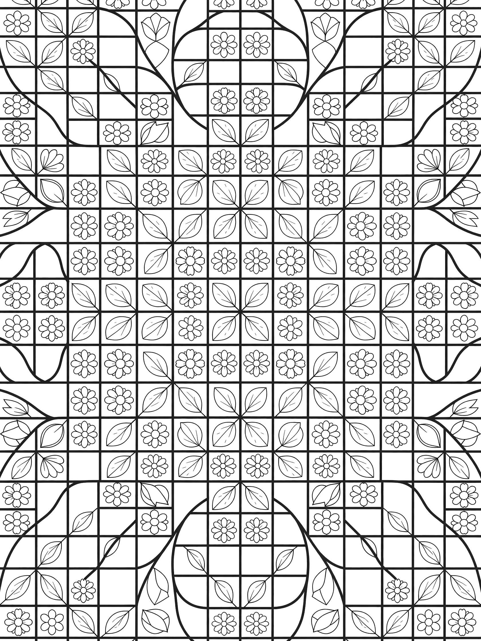 Black and white line art coloring page showing a central square grid with smaller nested grids, leaf outlines, and flower petals expanding into vine-like patterns.