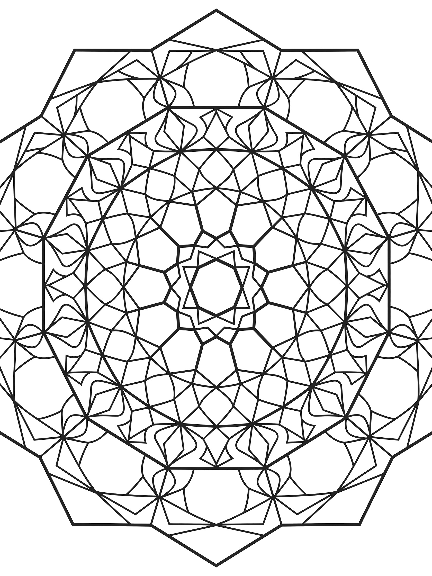 Black and white line art coloring page featuring a central hexagon expanding into nested layers of interconnecting hexagons, diamonds, and curves in radial symmetry.