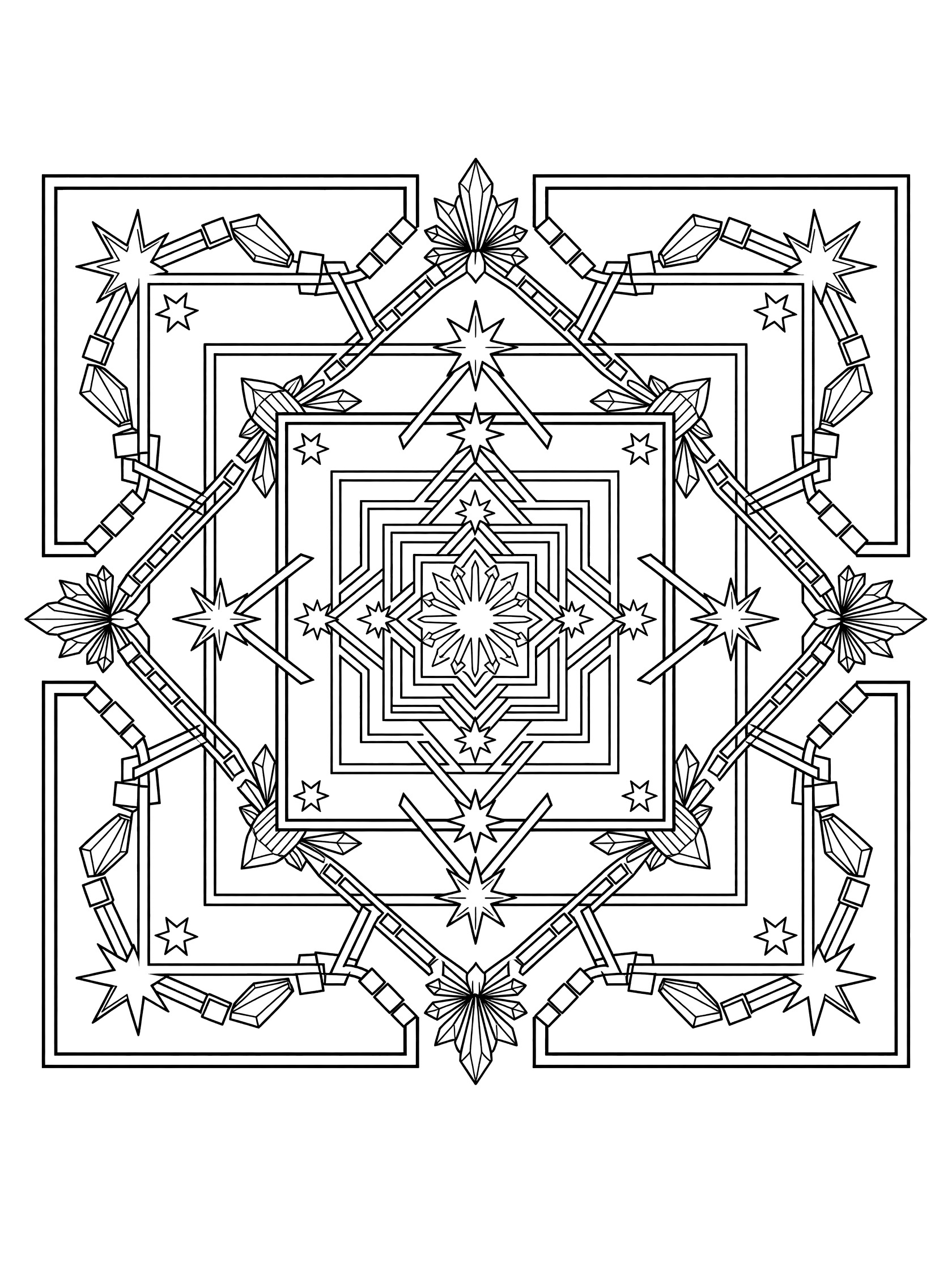 Black-and-white line art coloring page with nested squares mandala featuring symmetrical starry points, squared vine curves, and crystal shapes.