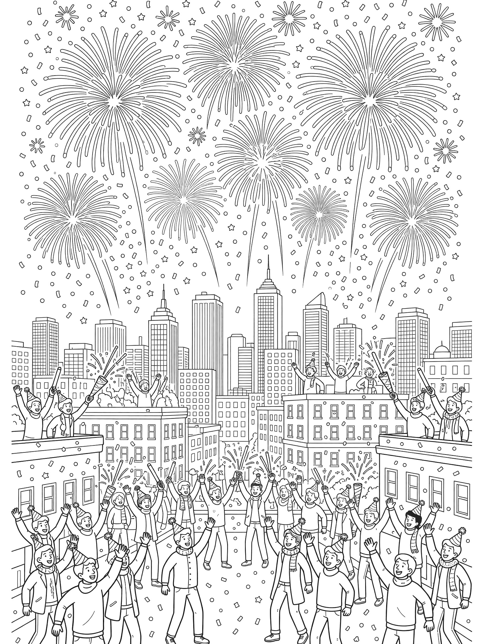 Black-and-white line art coloring page showing 2026 New Year's fireworks bursting above a detailed city skyline with crowds cheering below.
