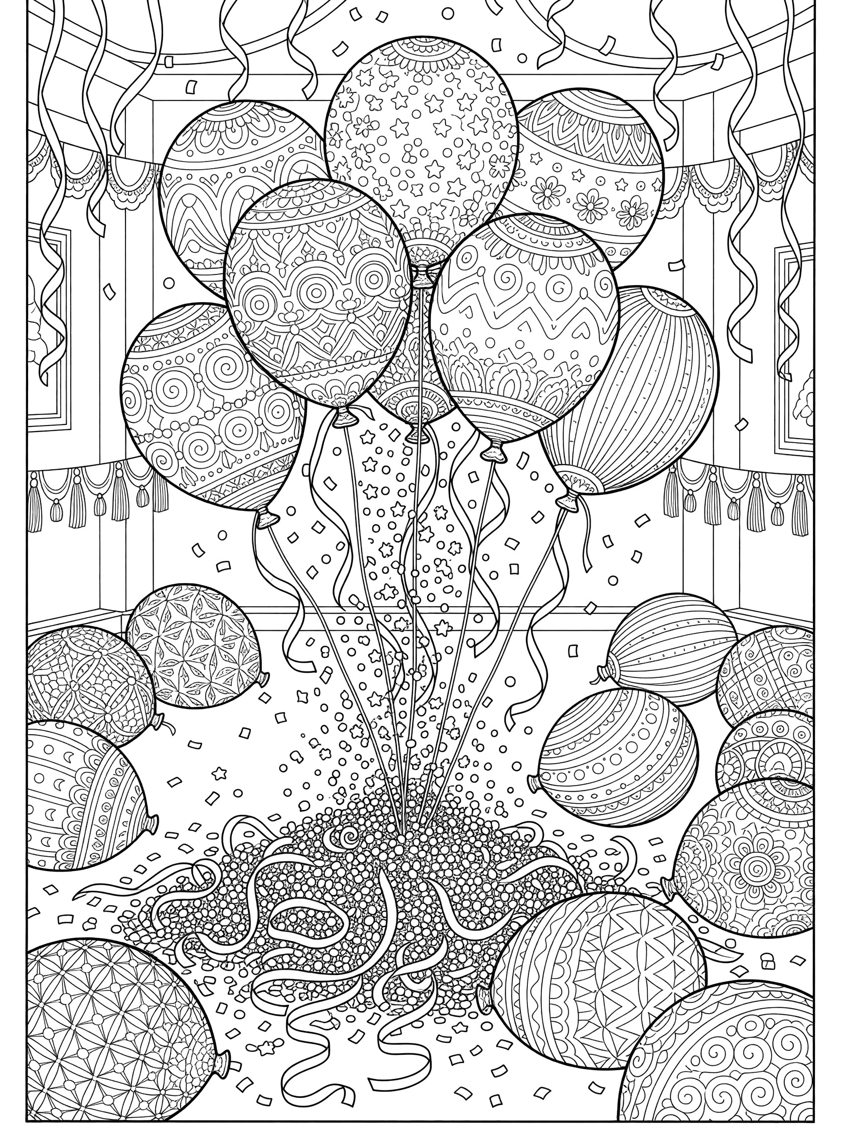Detailed line art coloring page showing balloons bursting with confetti and streamers in a New Year party setting surrounded by patterned balloons.