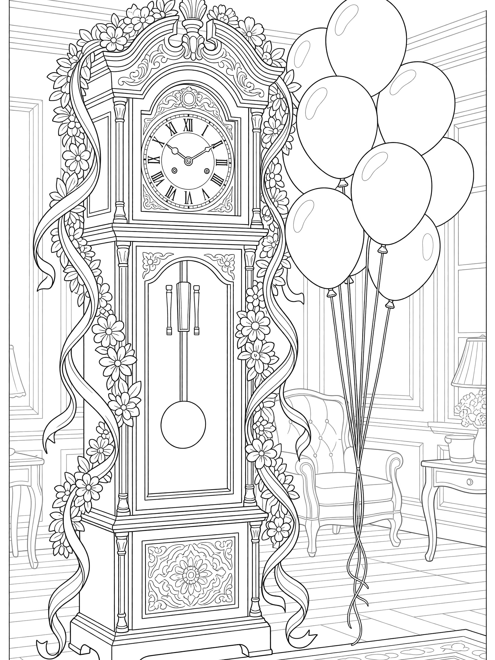 Black and white line art of ornate grandfather clock decorated with looping garlands, ribbons, and balloons for New Year, hands pointing to 12.