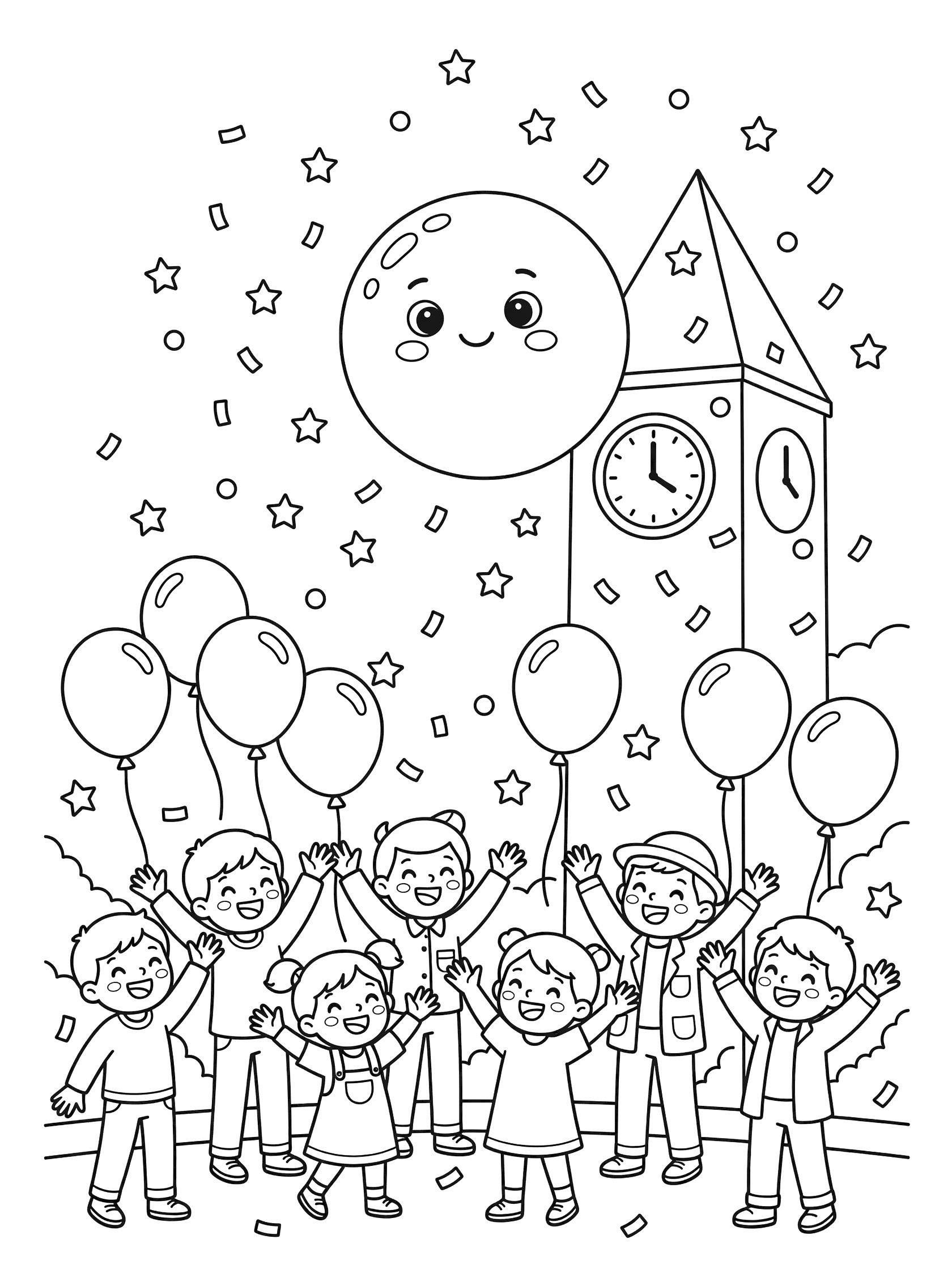 Cute oversized smiling ball dropping from clock tower coloring page with confetti shower, balloons, and happy waving kids for Ball Drop New Year's Eve.