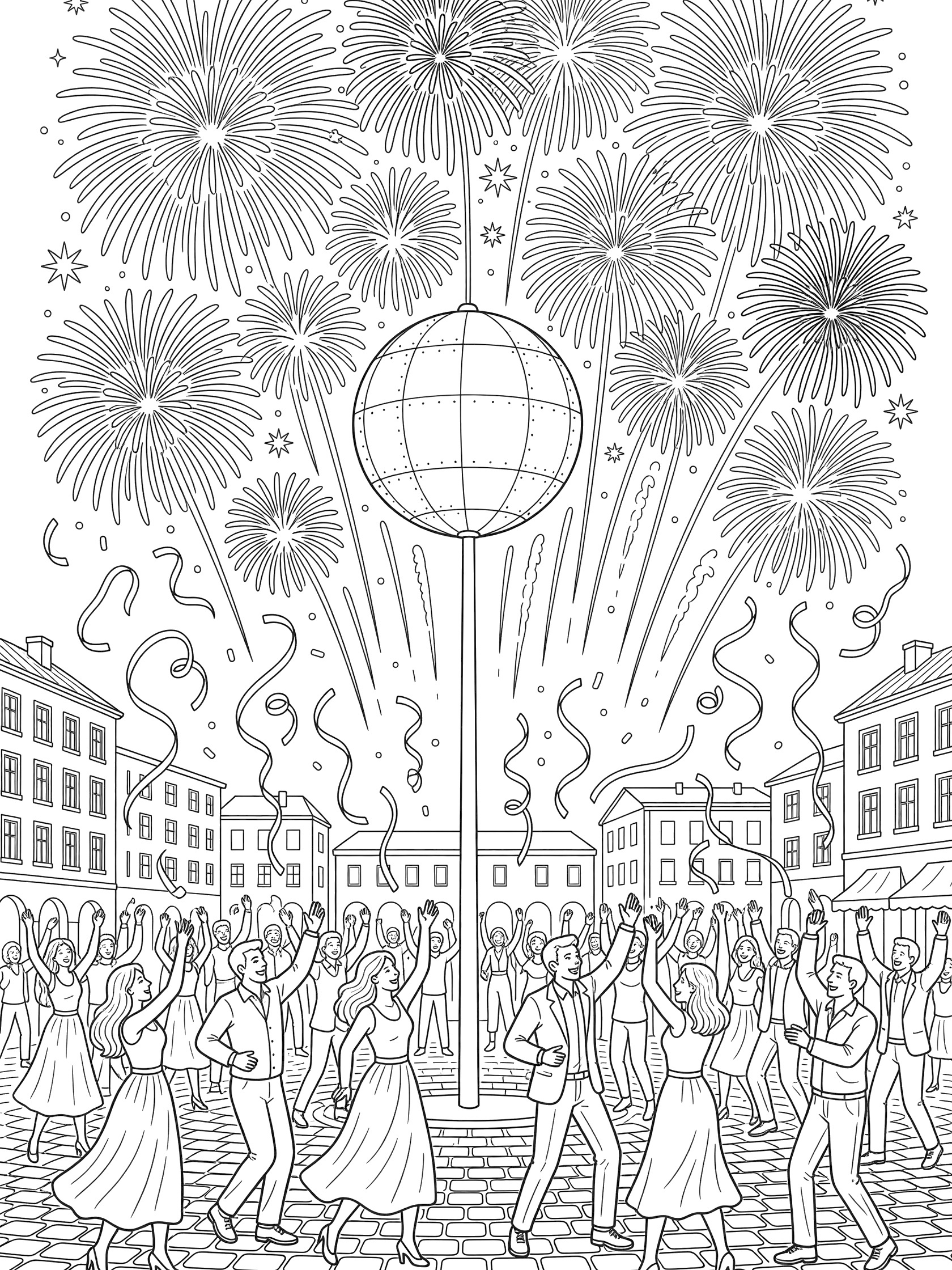 Black and white line art coloring page showing New Year's ball drop on a pole with fireworks bursting above a plaza full of dancing people and swirling streamers.