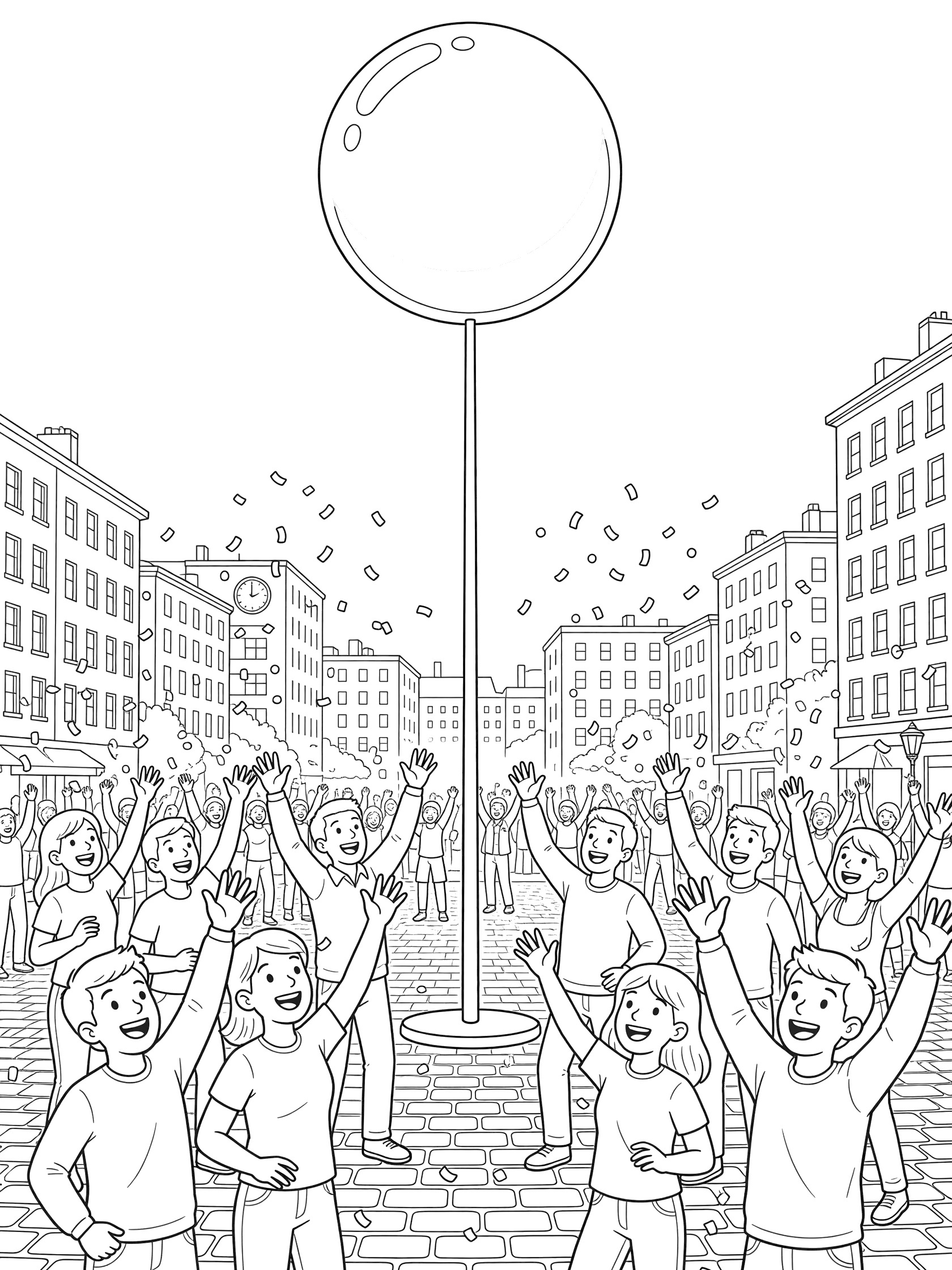 Black and white line art coloring page showing New Year's Eve ball drop with giant shiny ball on pole, cheering crowd in city square, and confetti
