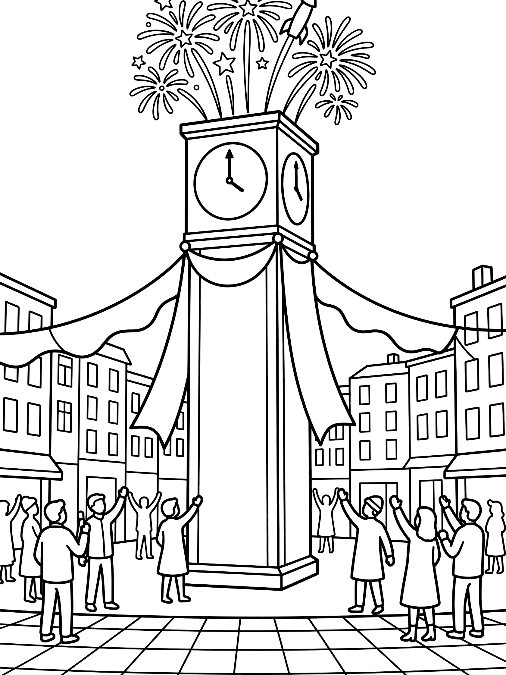 Black and white line art of a tall clock tower overlooking a city square at New Year's Eve, clock at 11:59, fireworks on top, banners, and crowd of people.