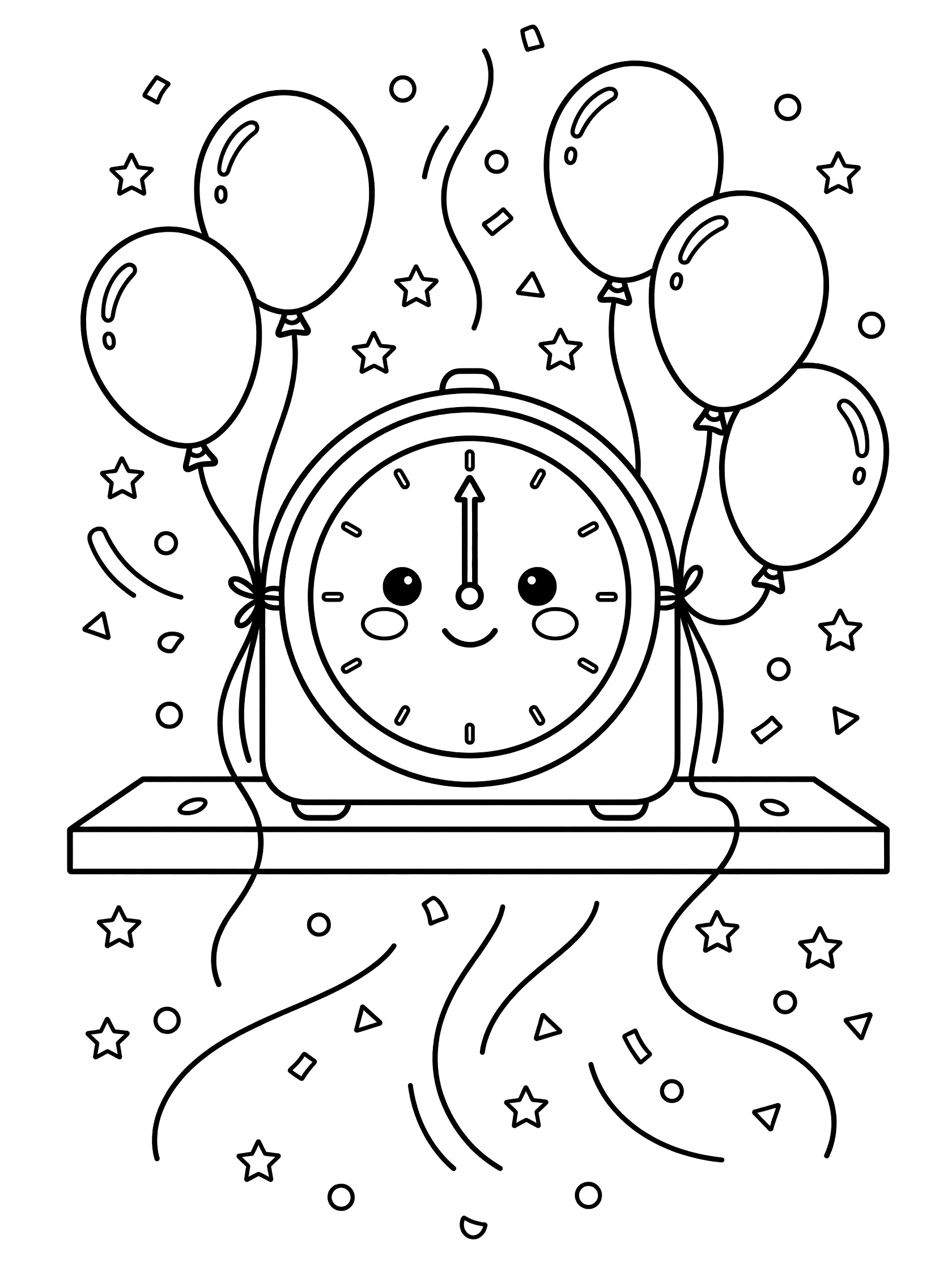 Cute mantel clock on a shelf with clock hands at 12, happy face, balloons on sides, and falling confetti for New Year's countdown coloring page