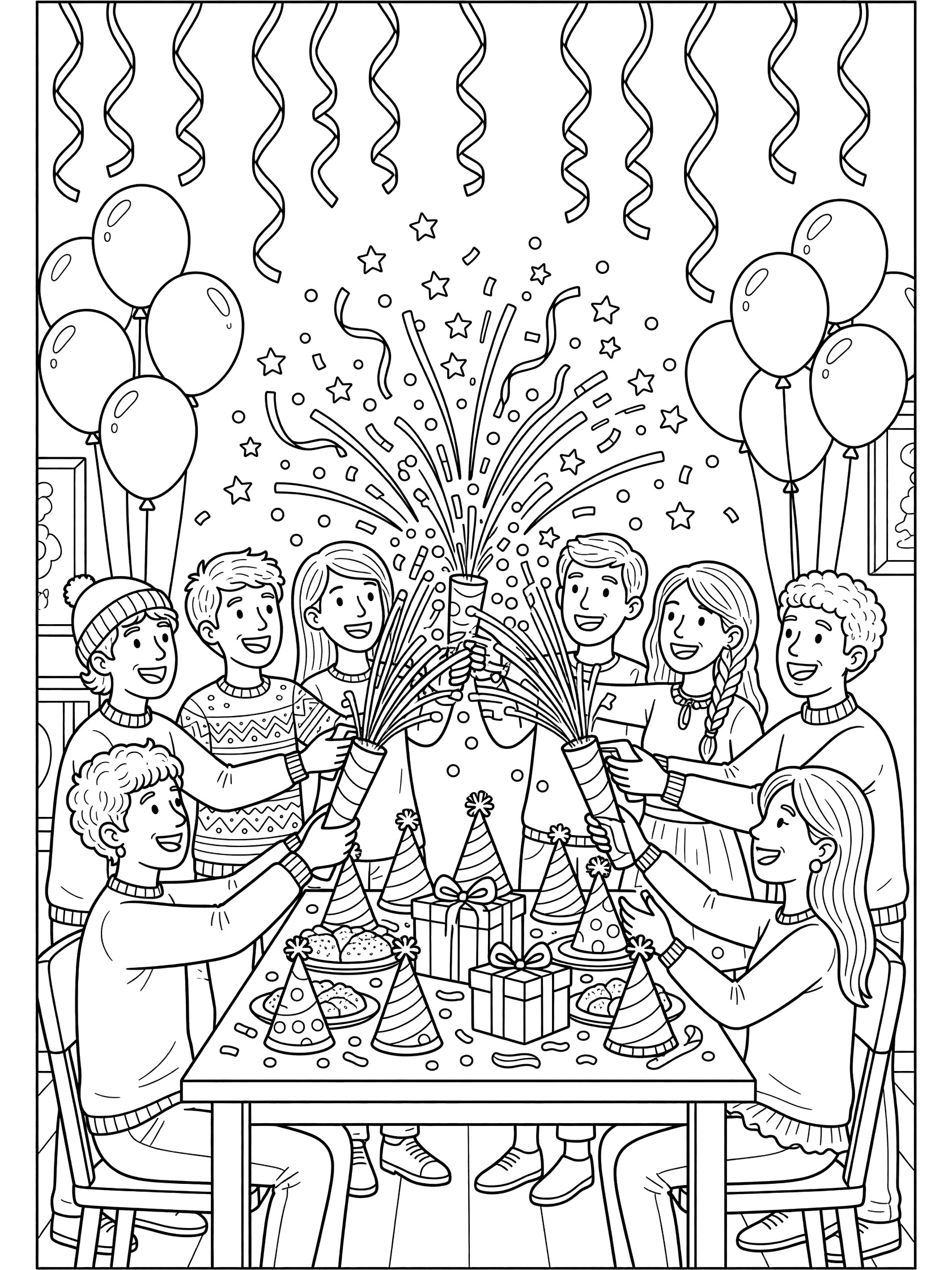 Black and white coloring page showing a group of friends in hats popping confetti poppers over a party table with balloons, gifts, and hanging streamers at New Year's Eve.