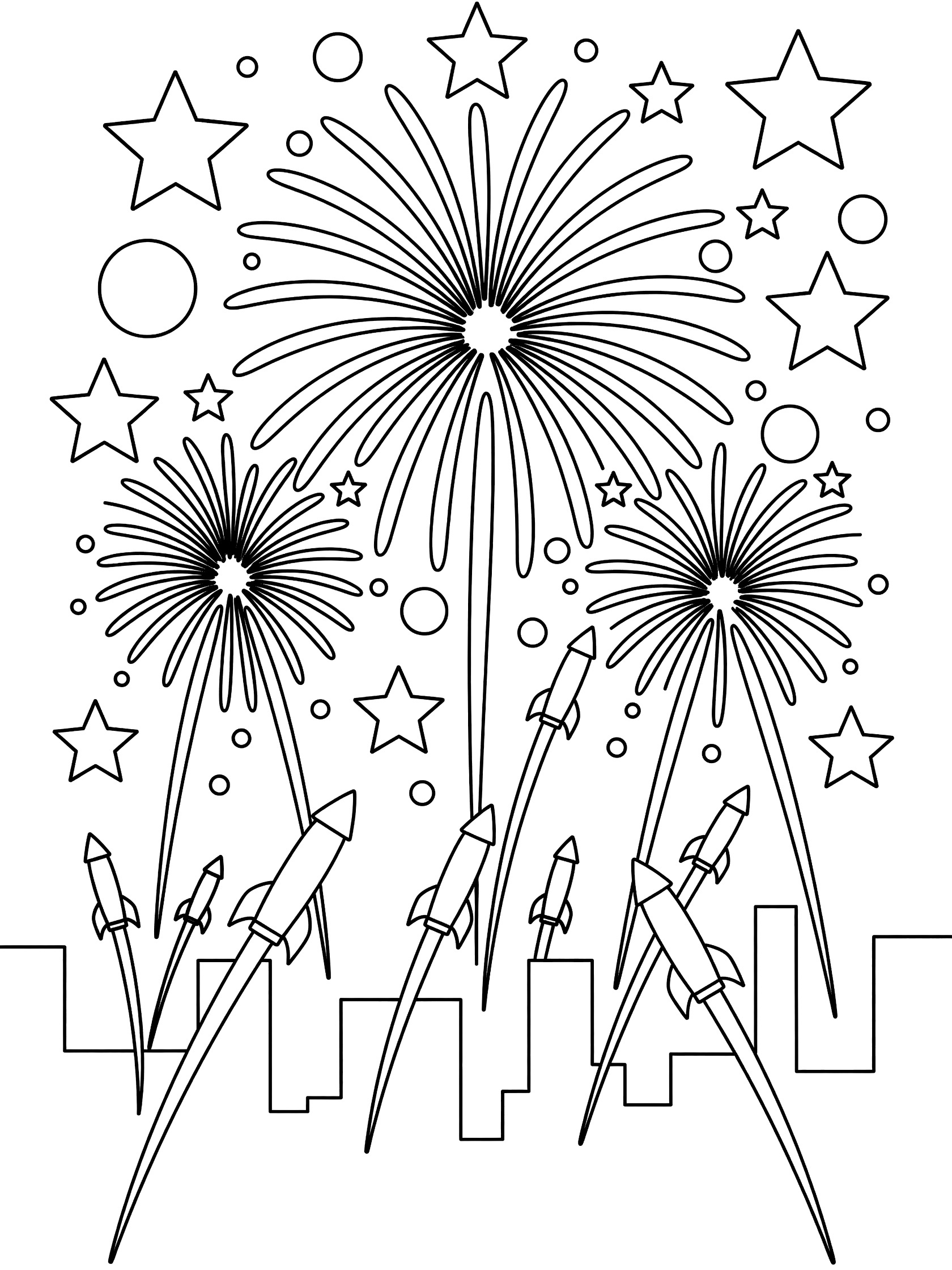 Black and white line art coloring page showing large fireworks bursts with stars and circles high above a simple city skyline, rockets launching from buildings below.