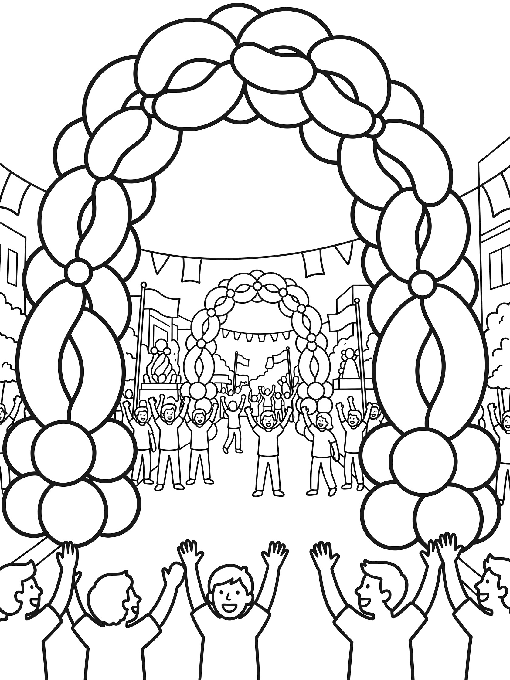 Black and white coloring page showing intertwined balloons as an archway above a bustling New Year's Day parade street with crowd silhouettes and simple flags.
