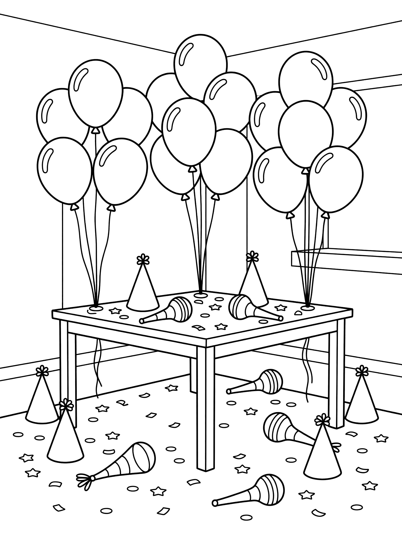 Coloring page showing balloons tied to chairs at a New Year's party table, with party hats, noisemakers, and confetti on the floor in a cozy room.