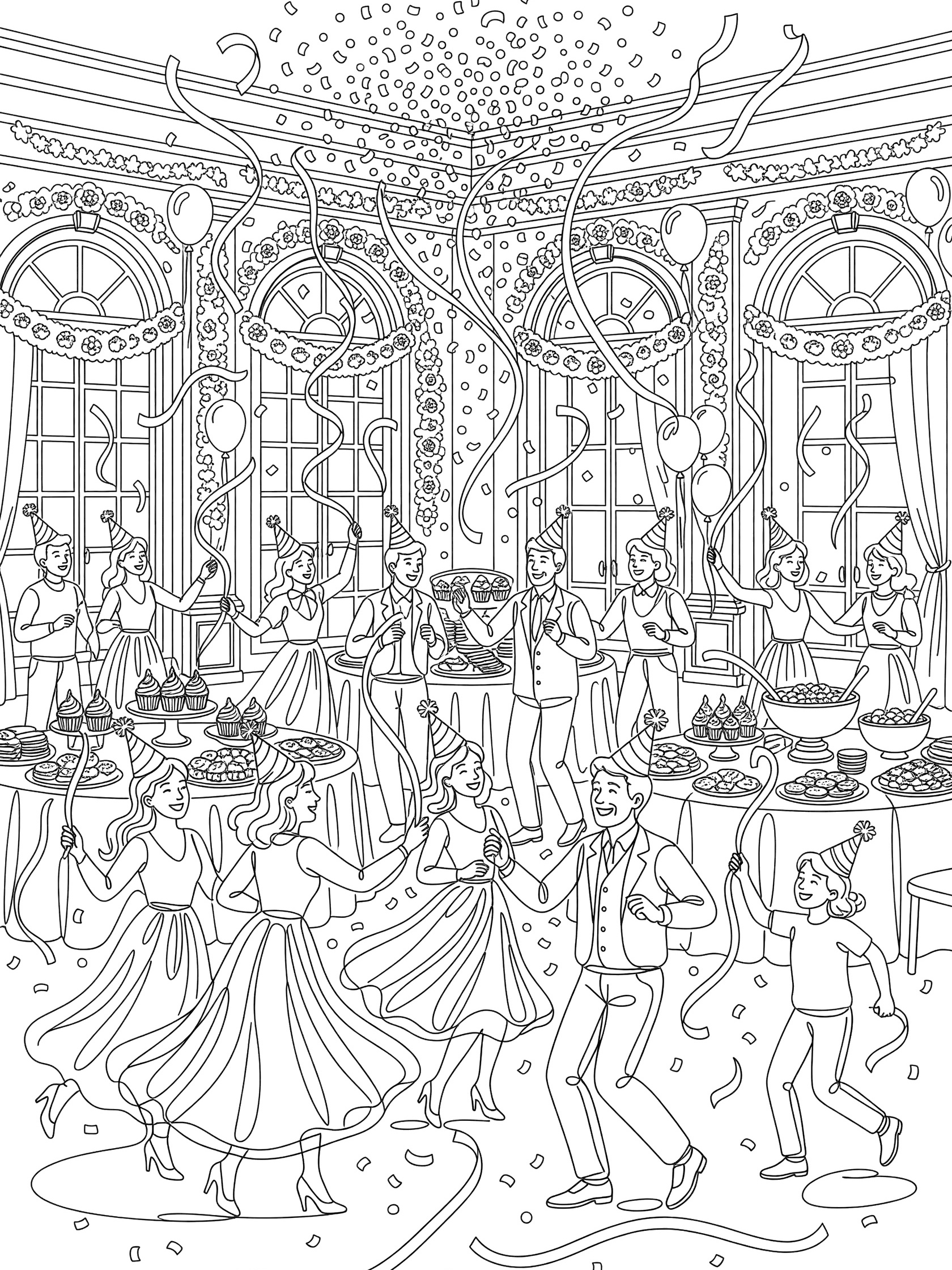 Line art coloring page showing dancers in cone hats holding streamers, twirling in a decorated ballroom with balloons, garlands, confetti, and tables of treats for New Year 2026.