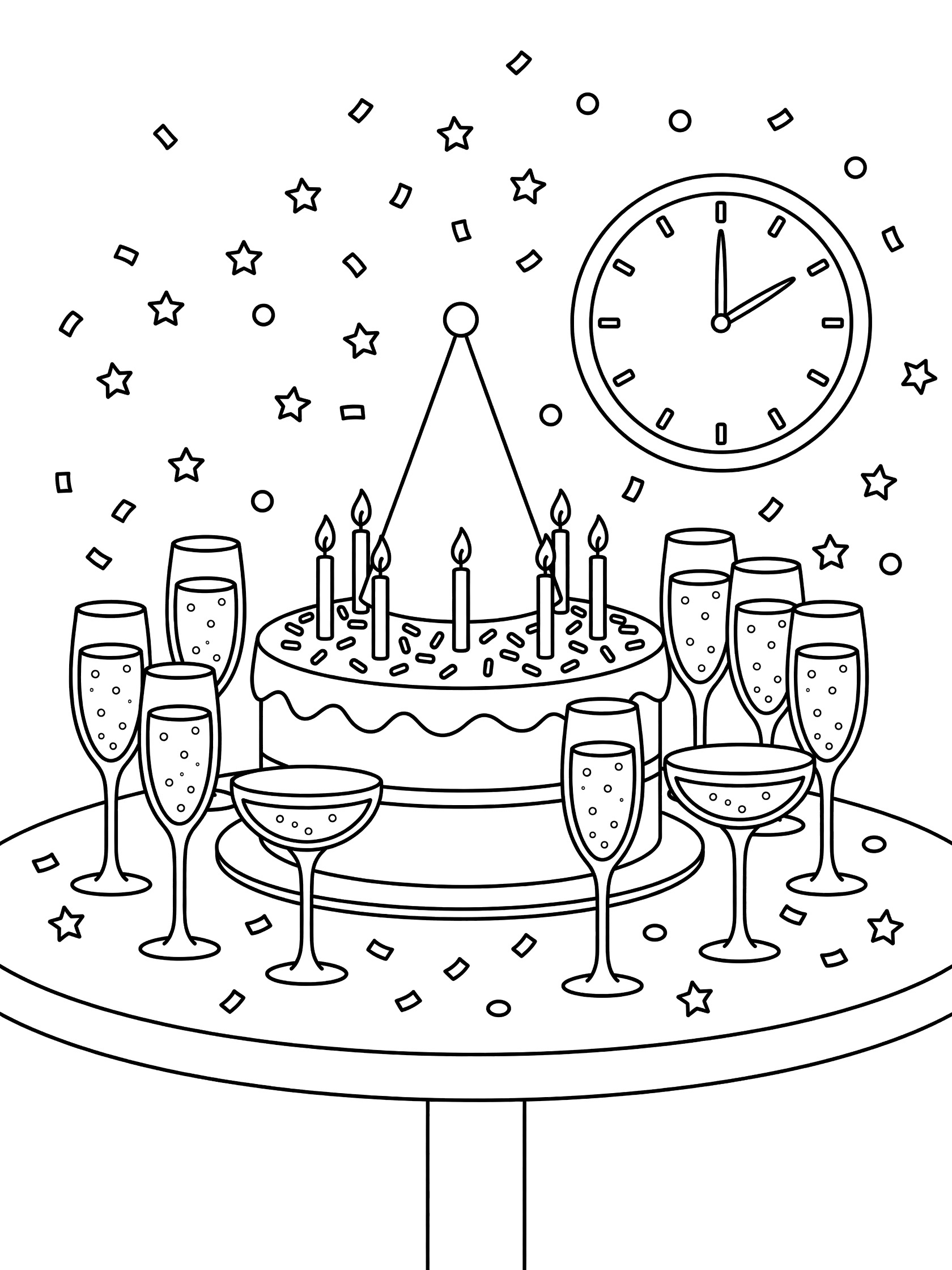 Black-and-white coloring page of a party hat on a festive cake with candles, champagne glasses, confetti, and a clock showing 12:00 for New Year's midnight toast.