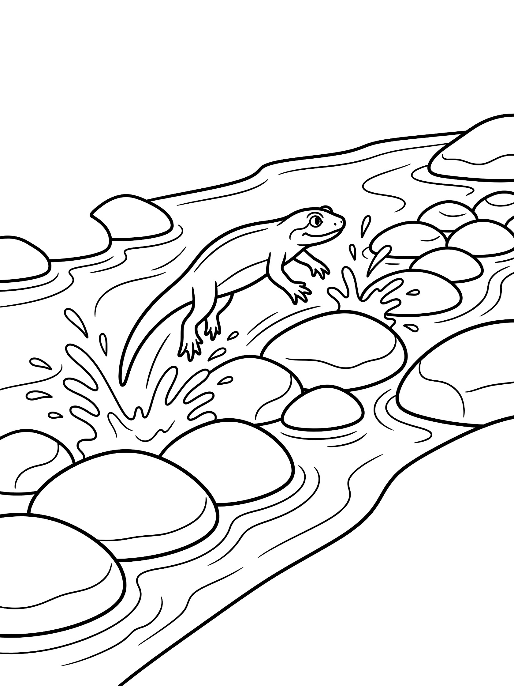 Black and white line art coloring page showing a newt mid-jump over round rocks in a flowing stream with splashes.