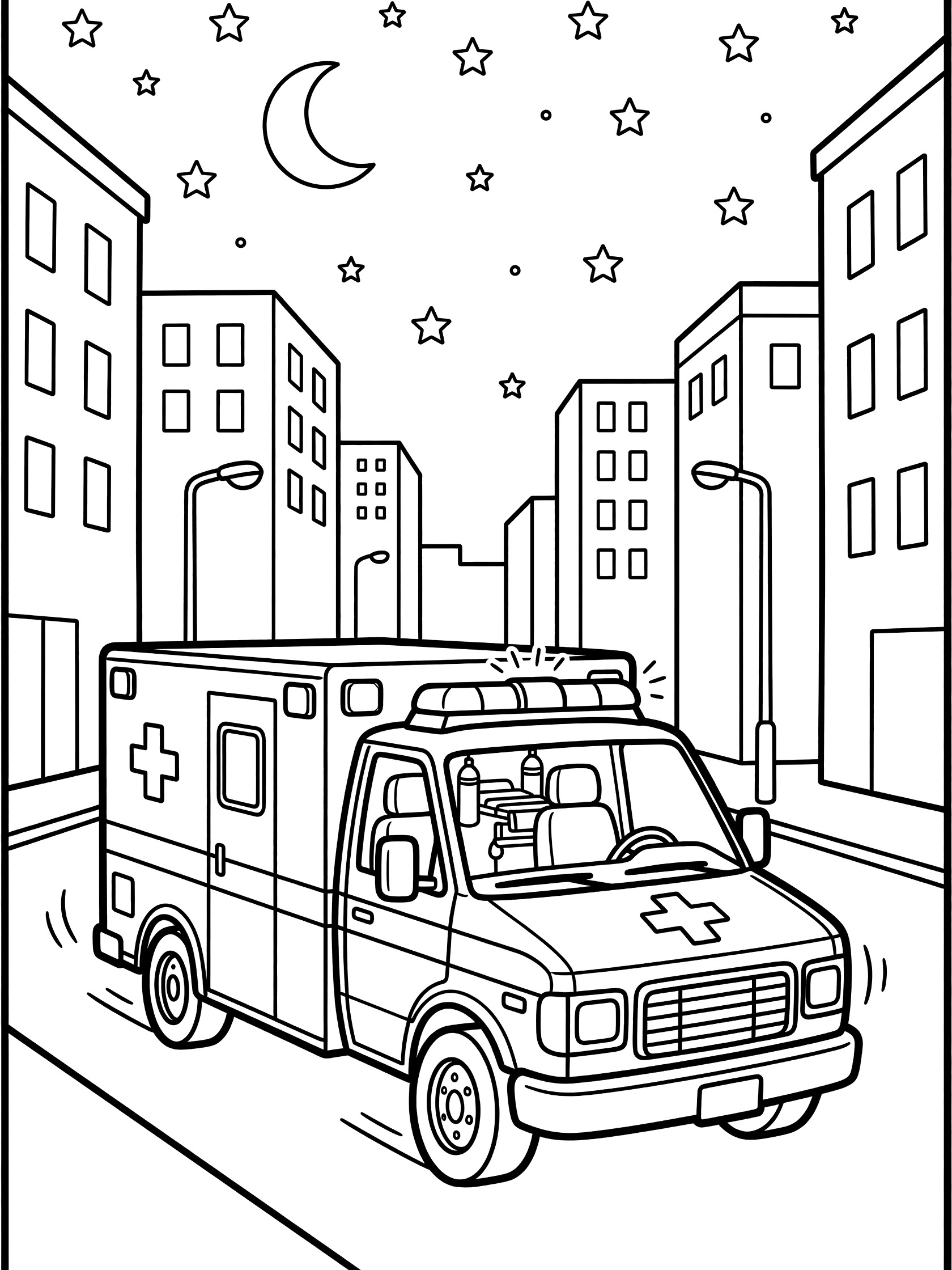 Black and white line art coloring page of an ambulance with rooftop lights and medical crosses driving down a city street at night under a crescent moon and stars.